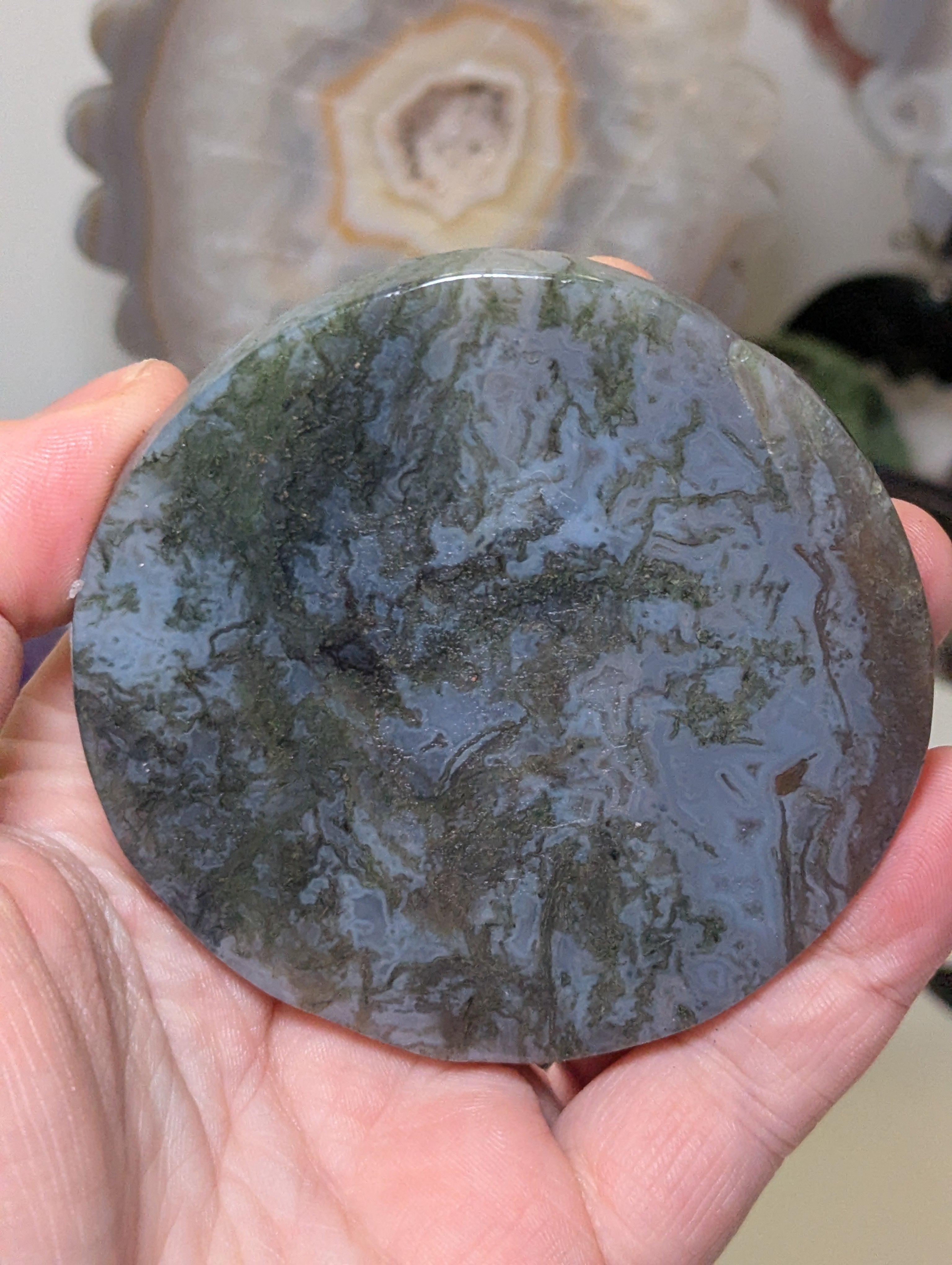 Blue moss agate crystal slice