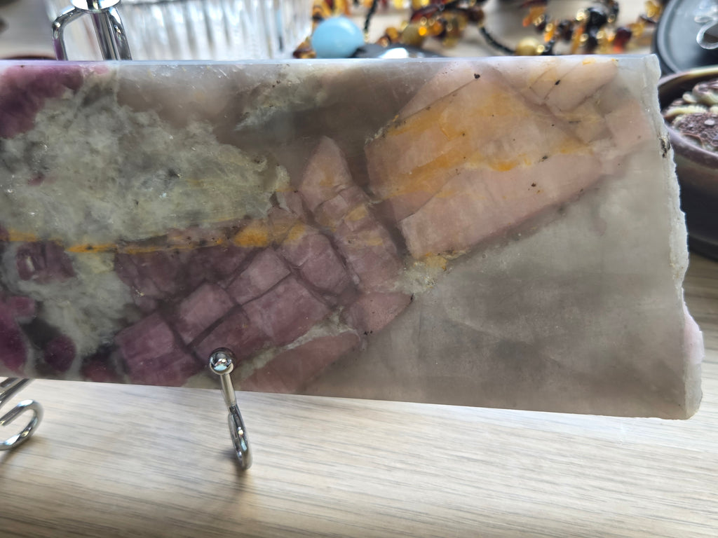 Large Pink Tourmaline crystal slice with silver stand