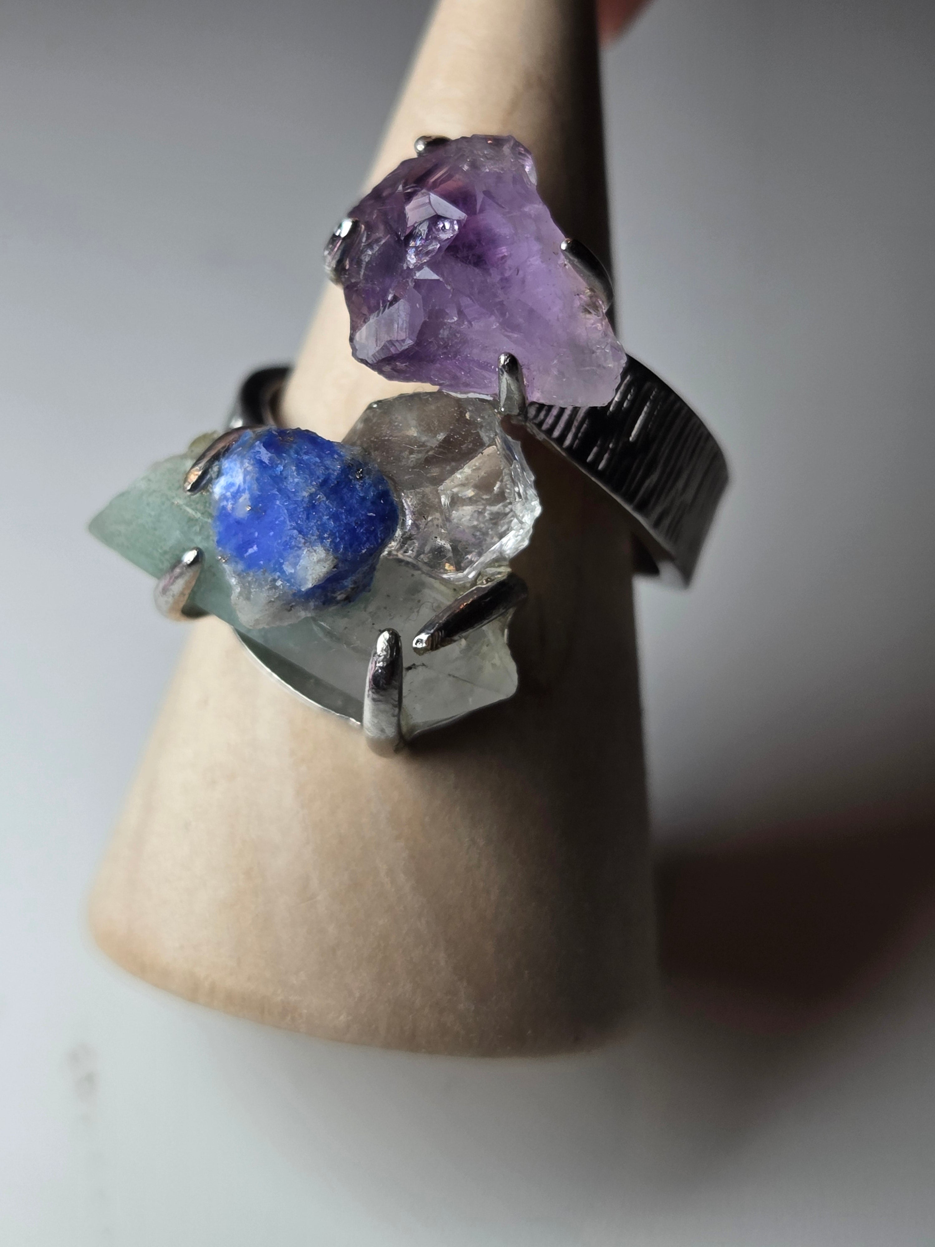 Specimen adjustable ring  amethyst garden quartz lapis lazuli and quartz