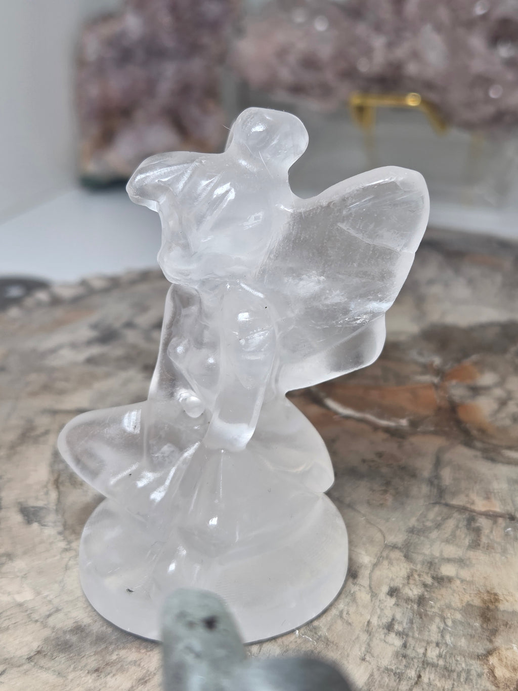 Clear quartz crystal Tinkabell carving