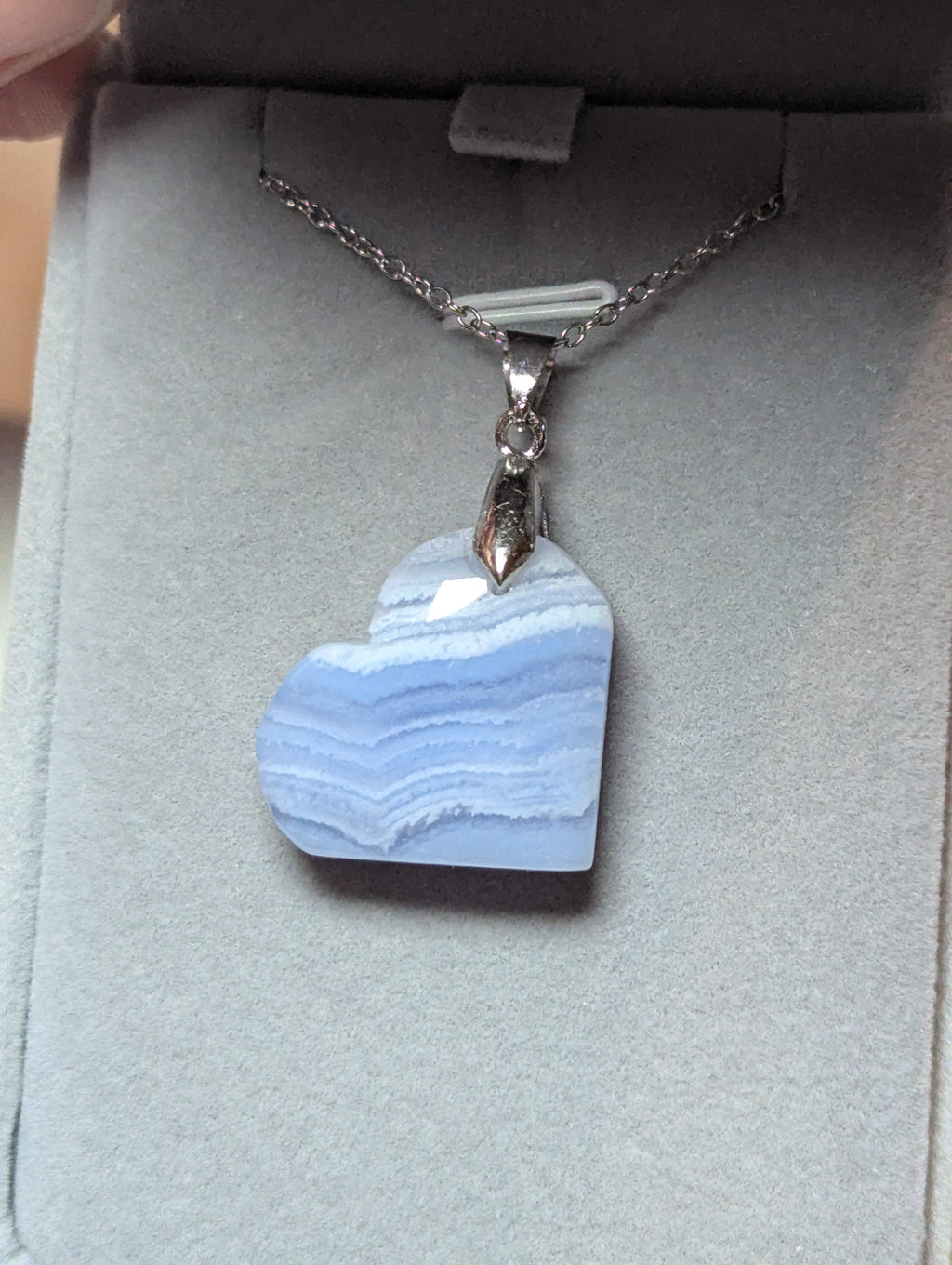 Blue lace Crystal heart carving handmade necklace