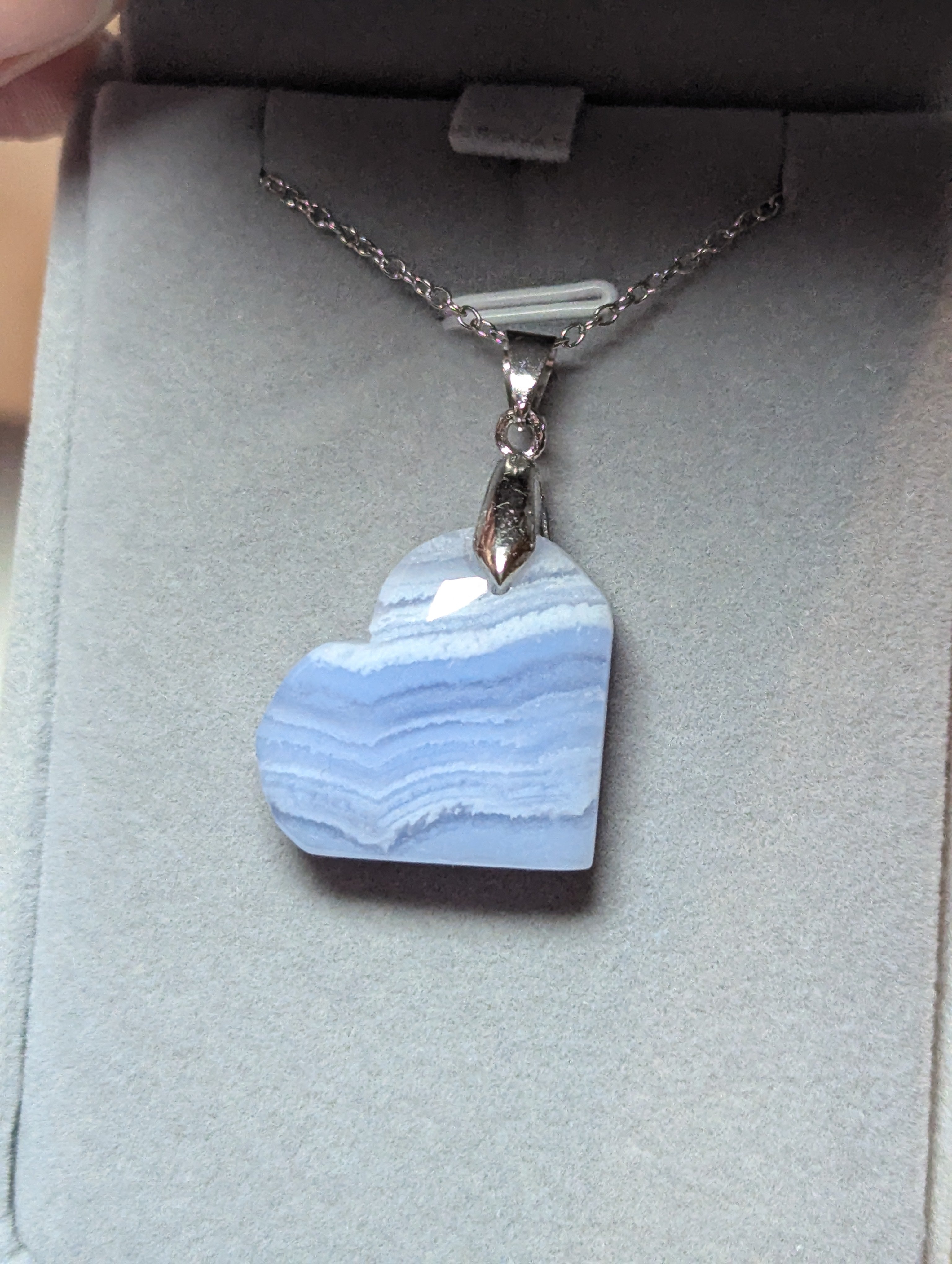 Blue lace Crystal heart carving handmade necklace