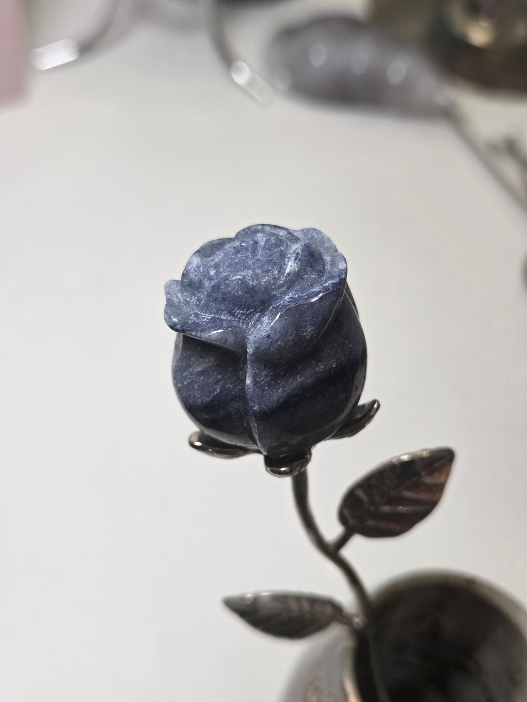 Blue Aventurine crystal rose carving on a stem