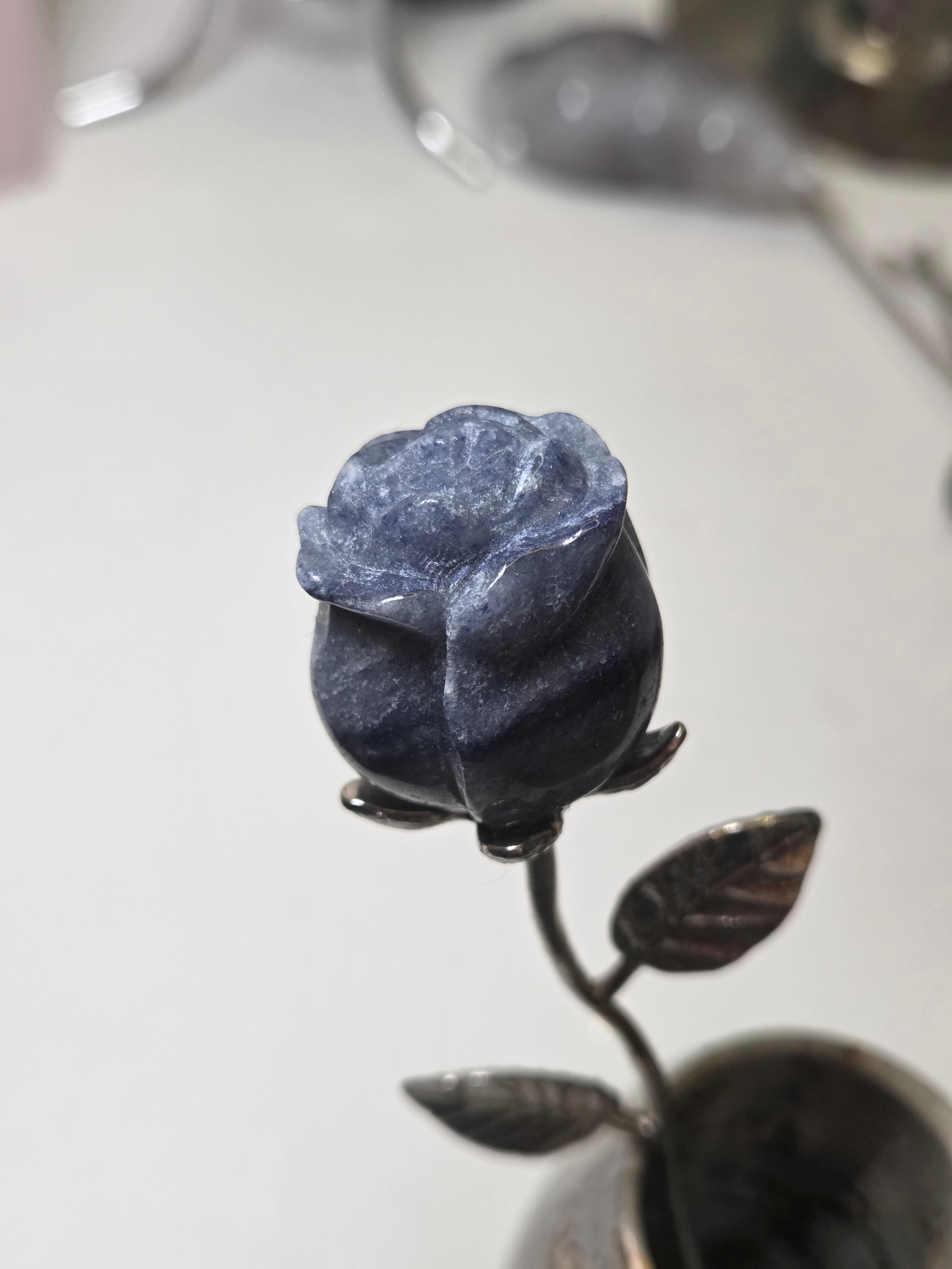 Blue Aventurine crystal rose carving on a stem