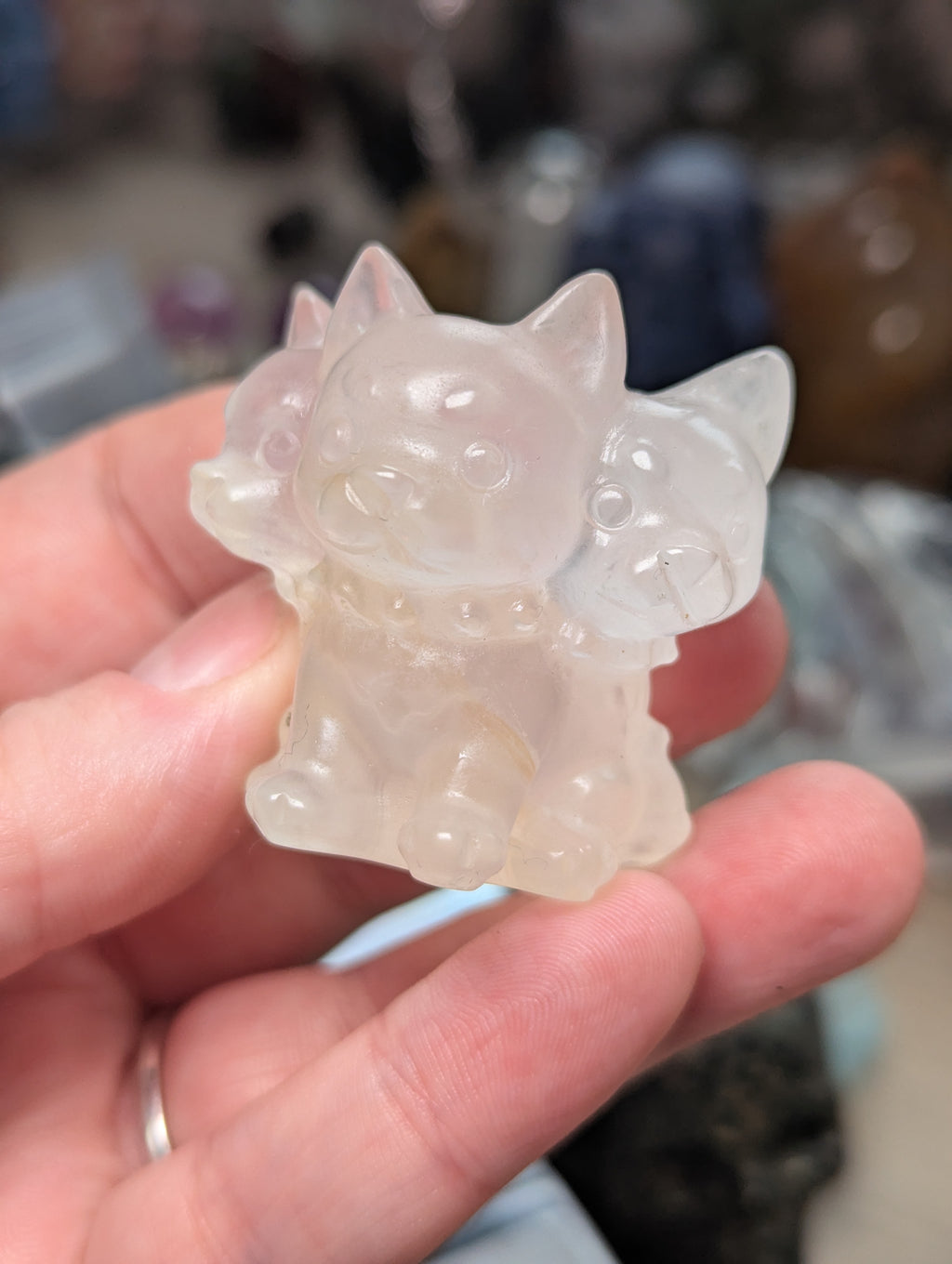Clear quartz crystal three headed dog