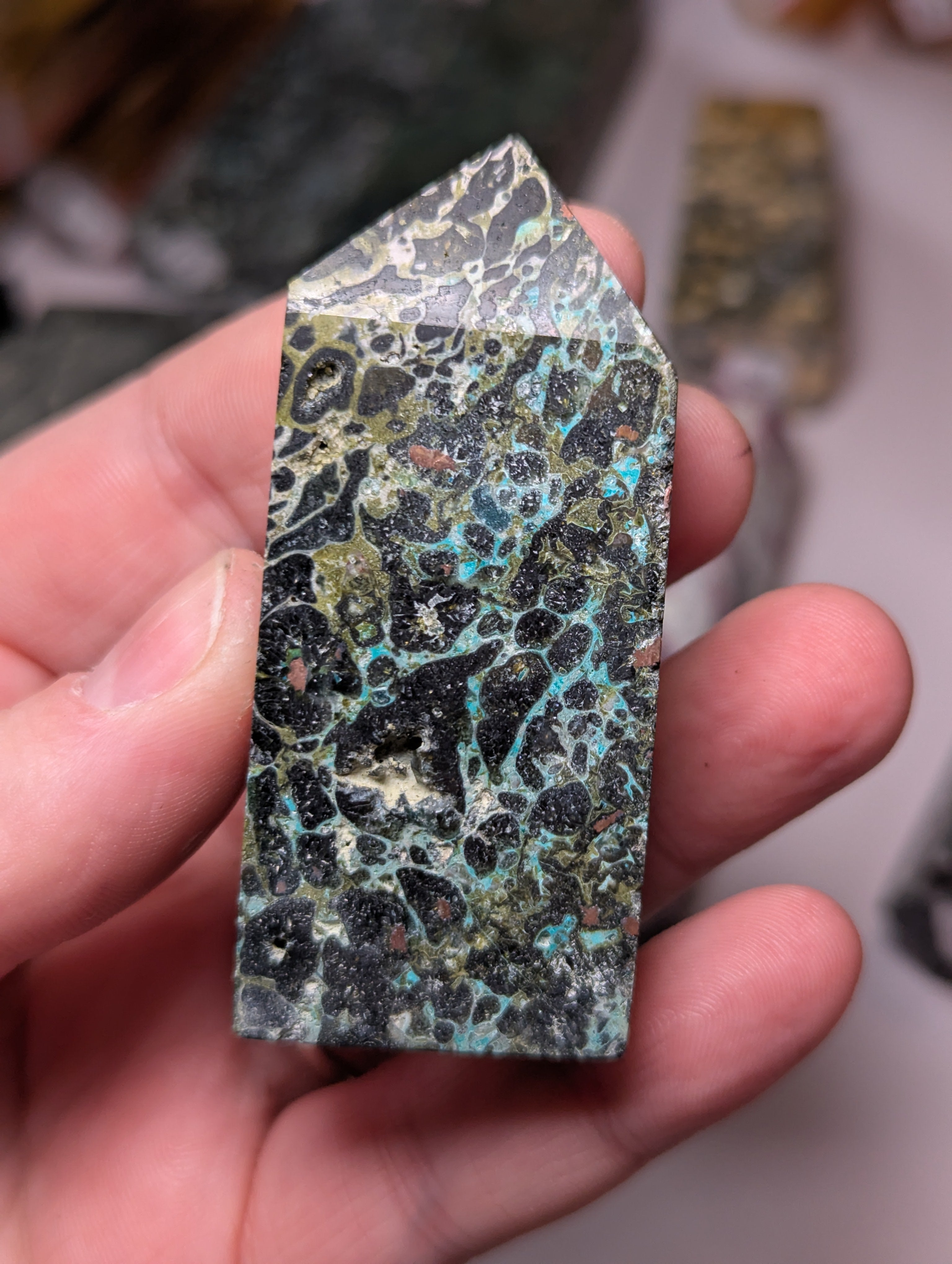 Epidote crystal with copper tower