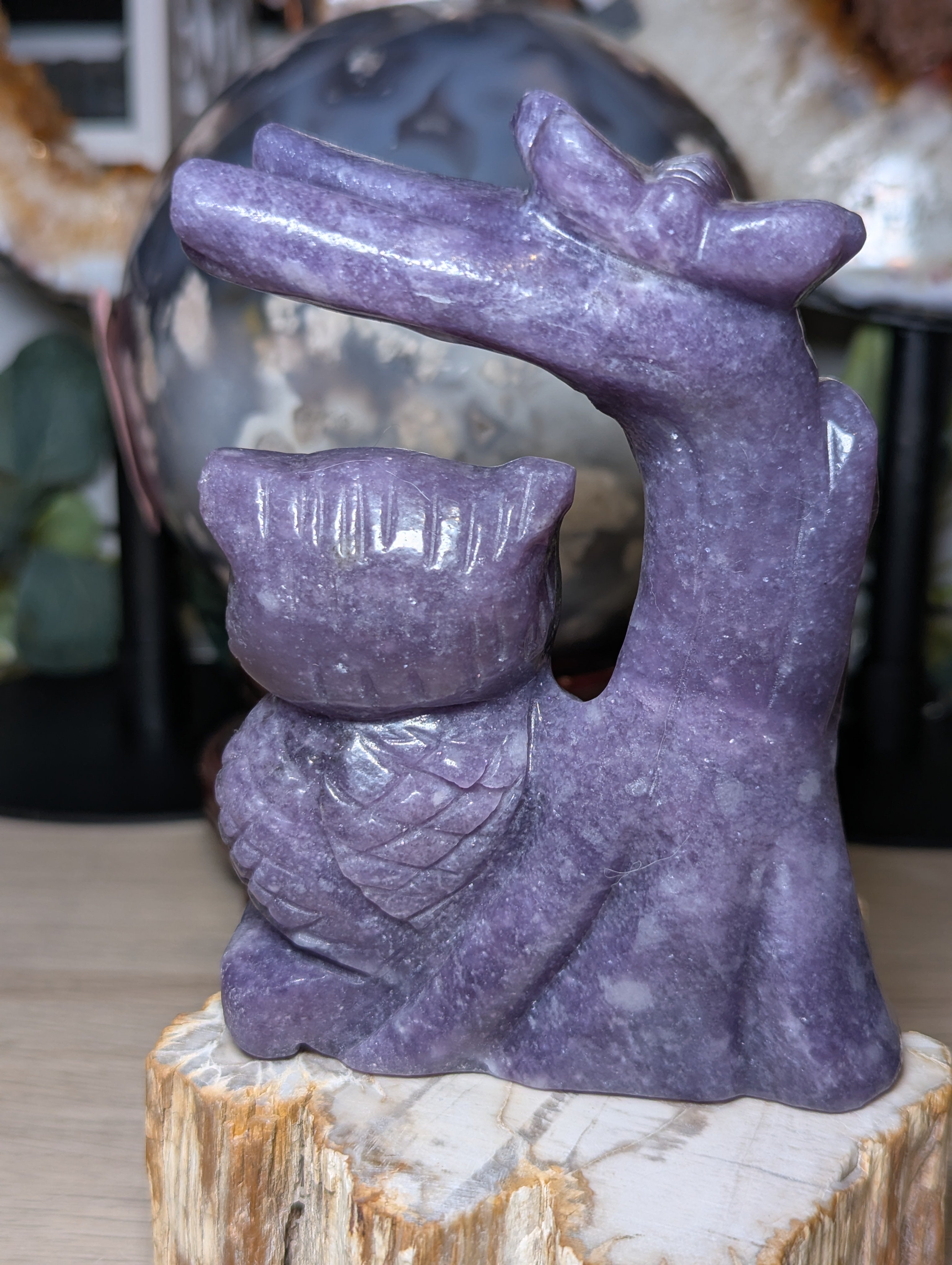 Lepidolite crystal owl with butterfly carving