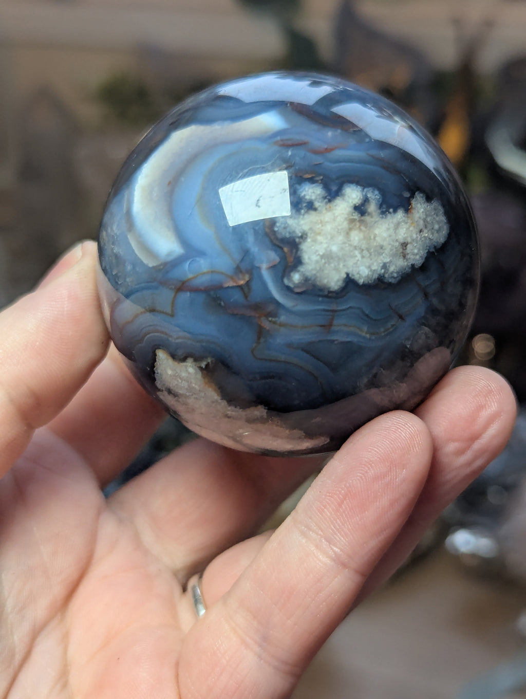 Blue  flower agate crystal sphere with stand