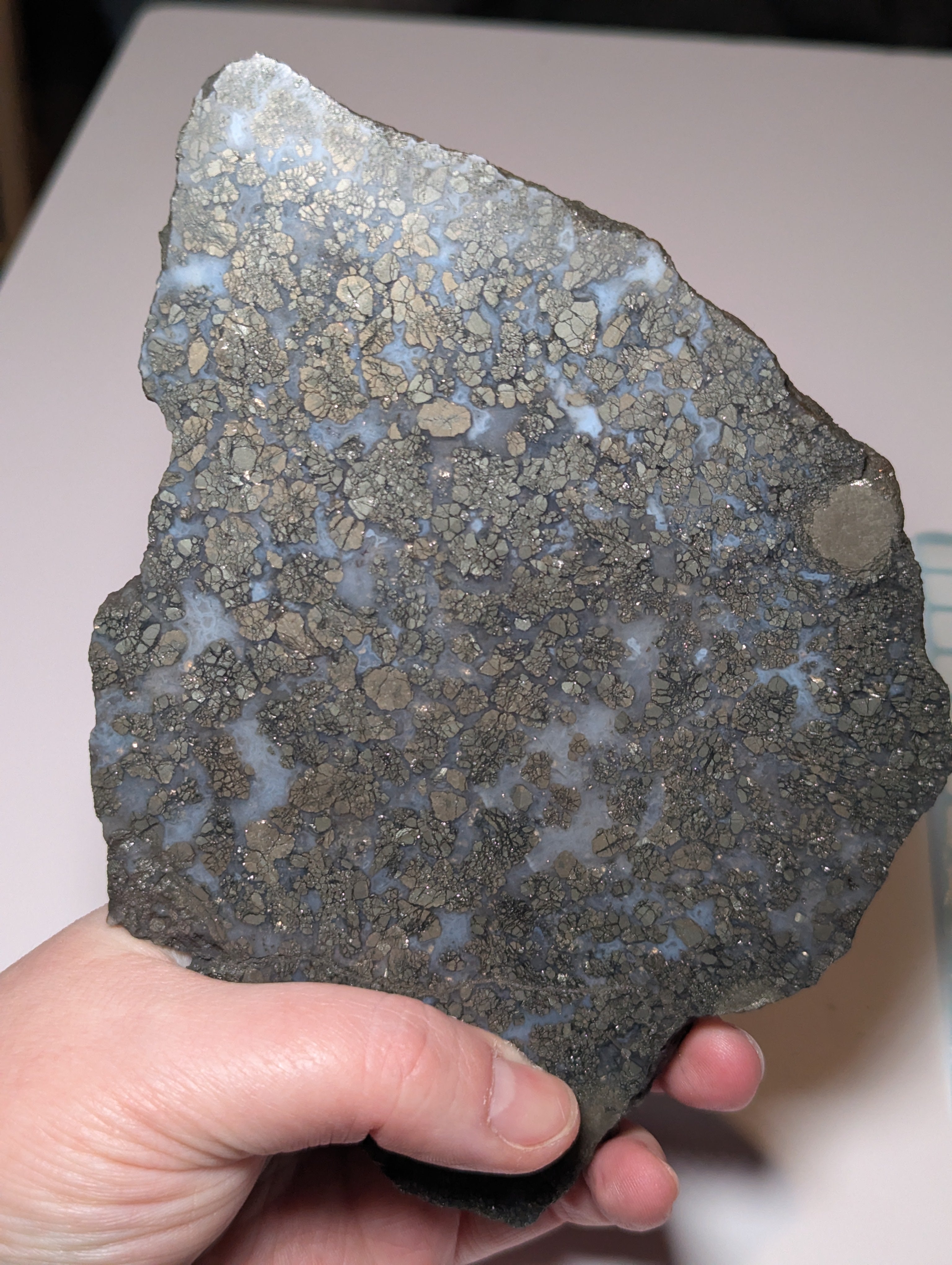 Pyrite with agate crystal slice with stand