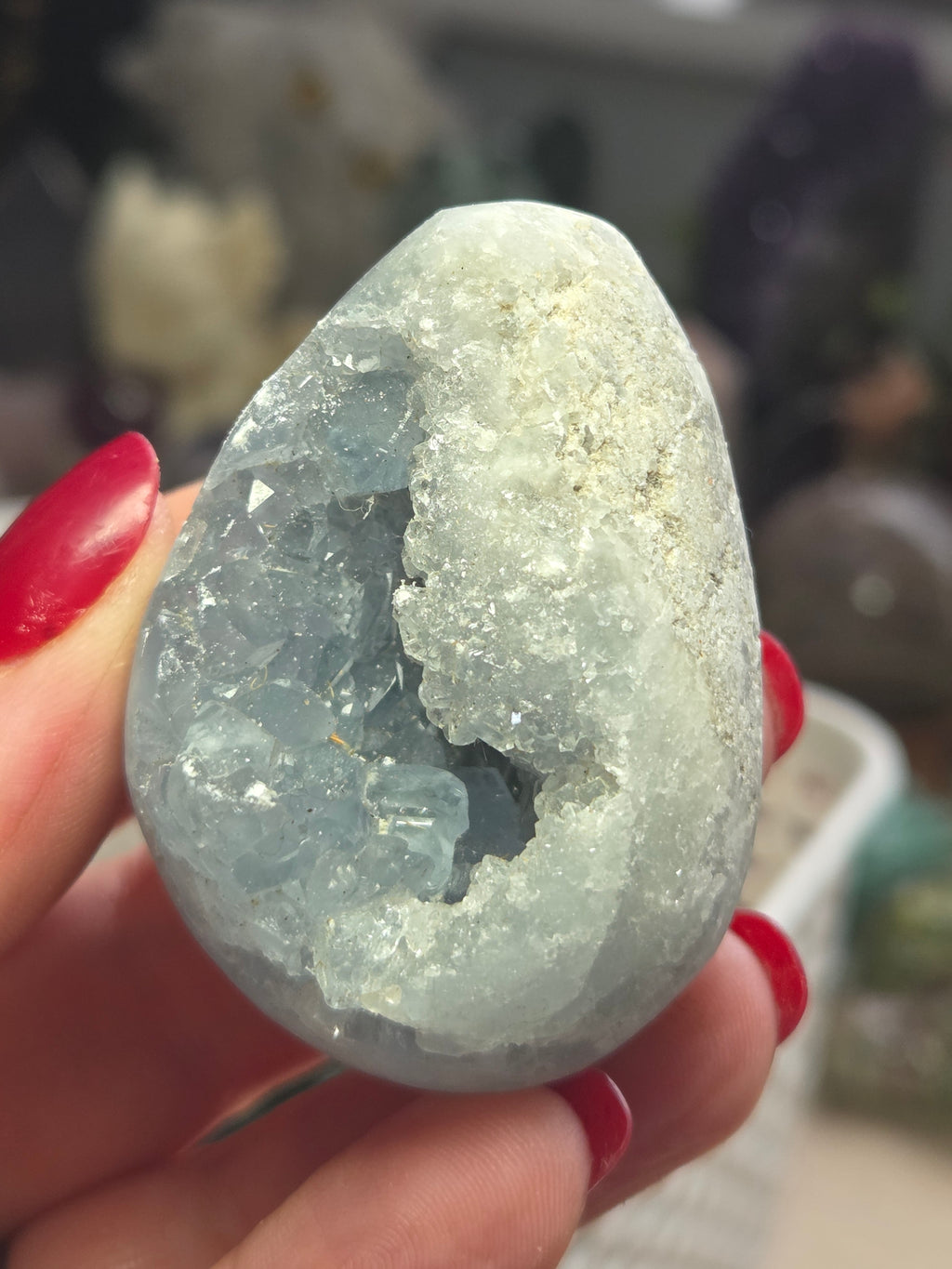 Blue celicite crystal egg carving specimen