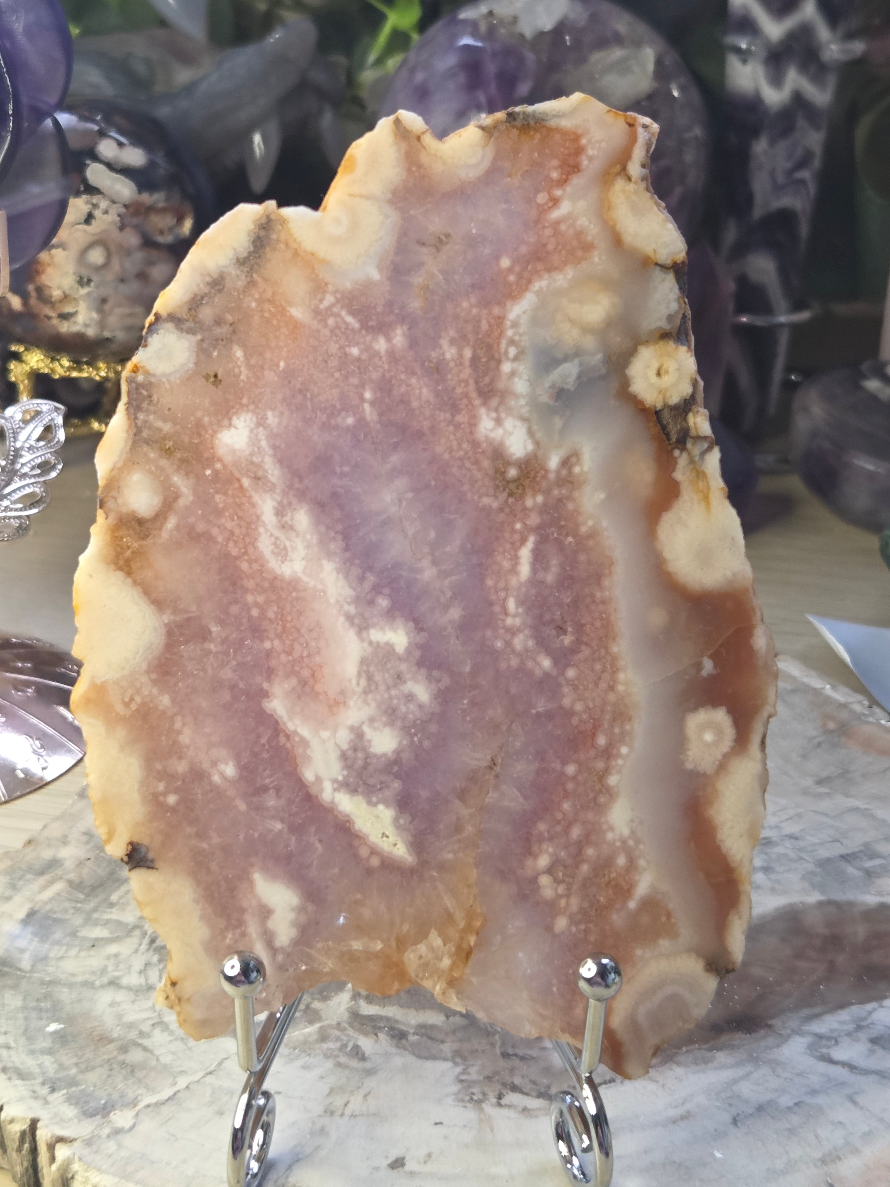 Rare pink flower amethyst crystal slice