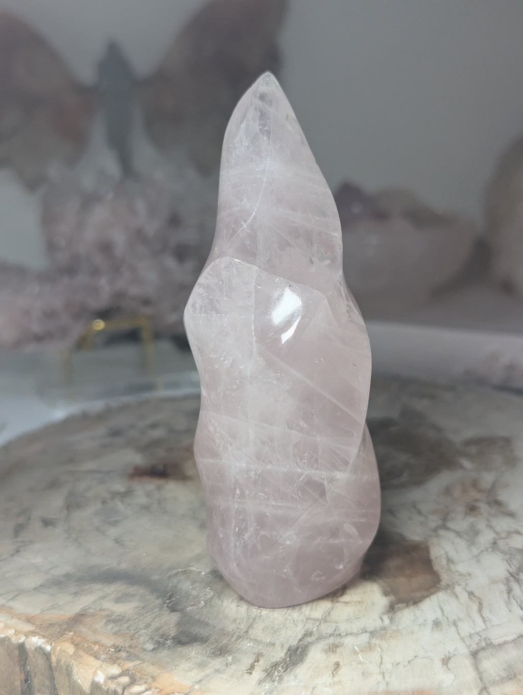 Rose quartz crystal flame carving