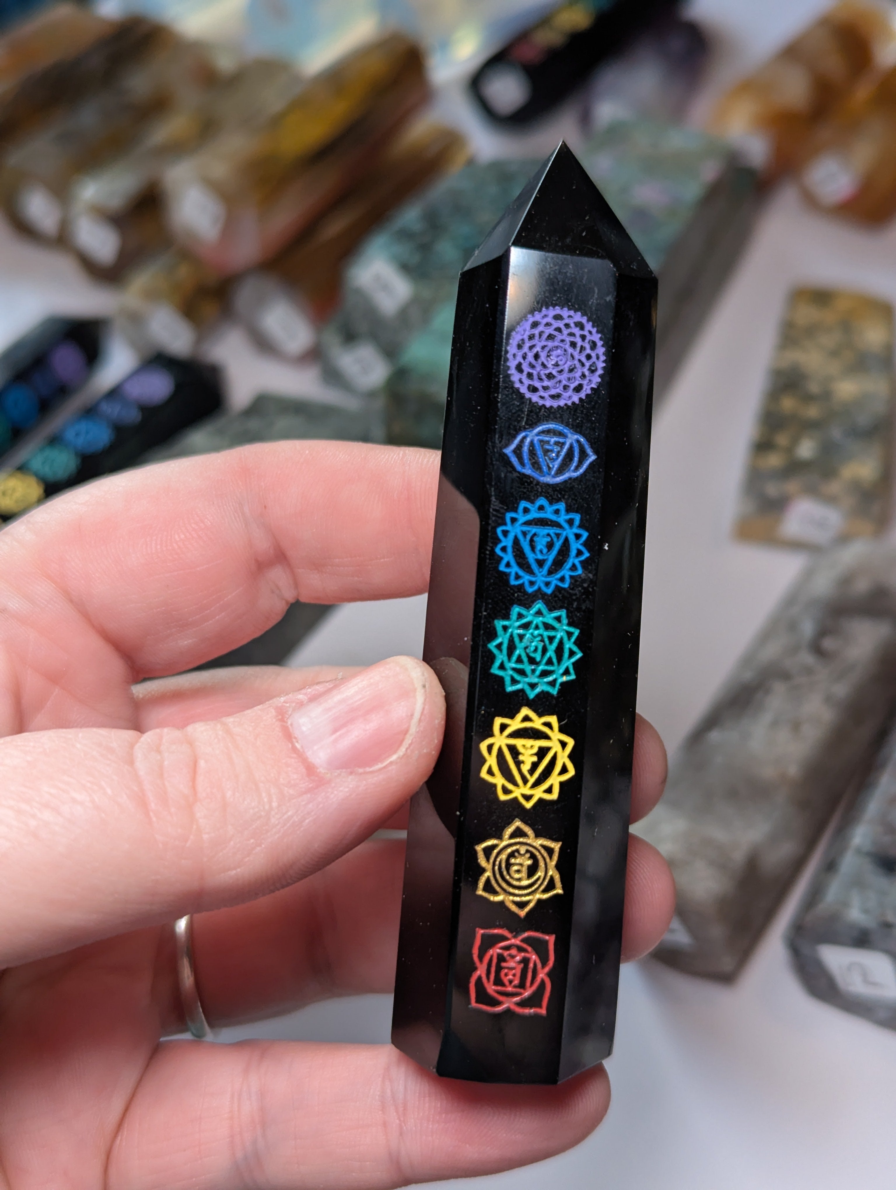 Obsidian chackra crystal tower carving