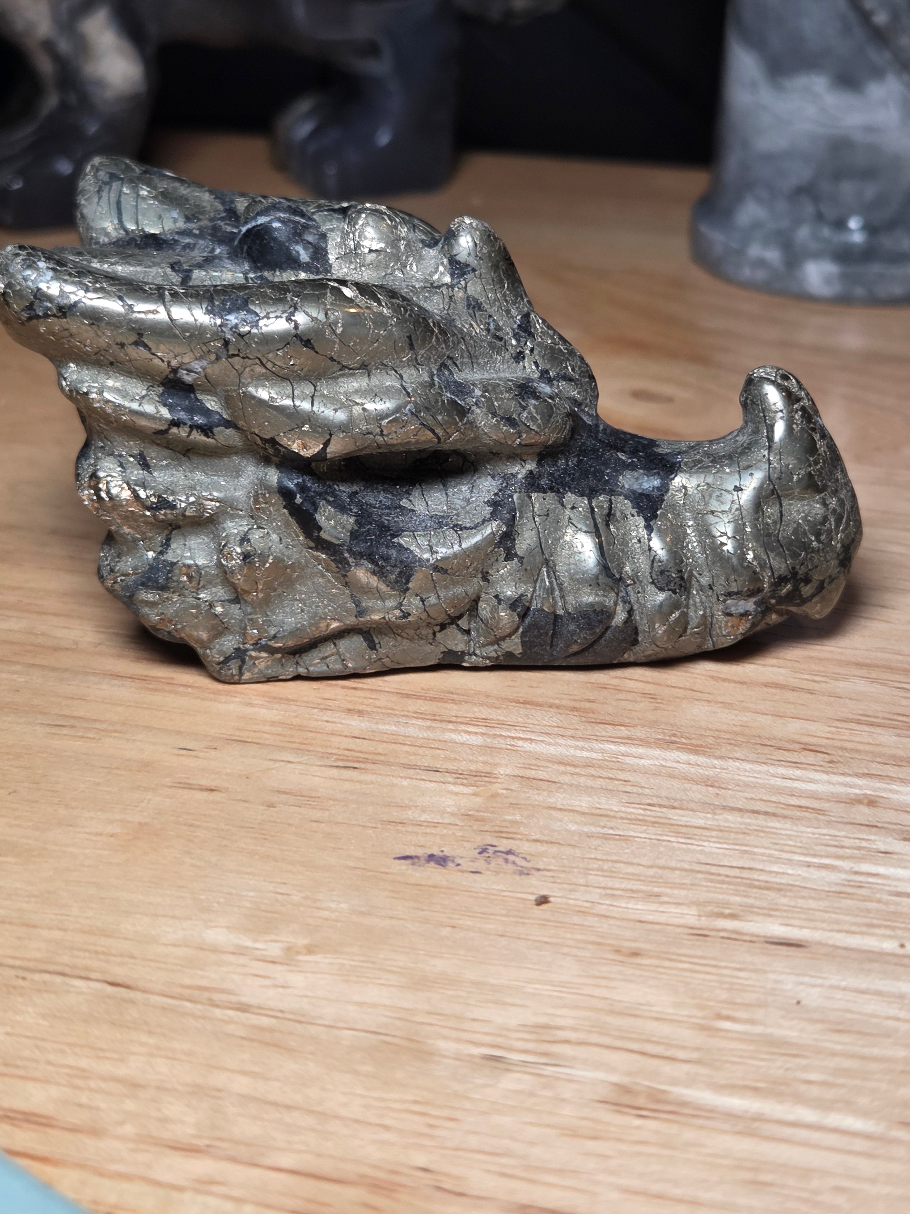 Medium pyrite crystal dragon head carving