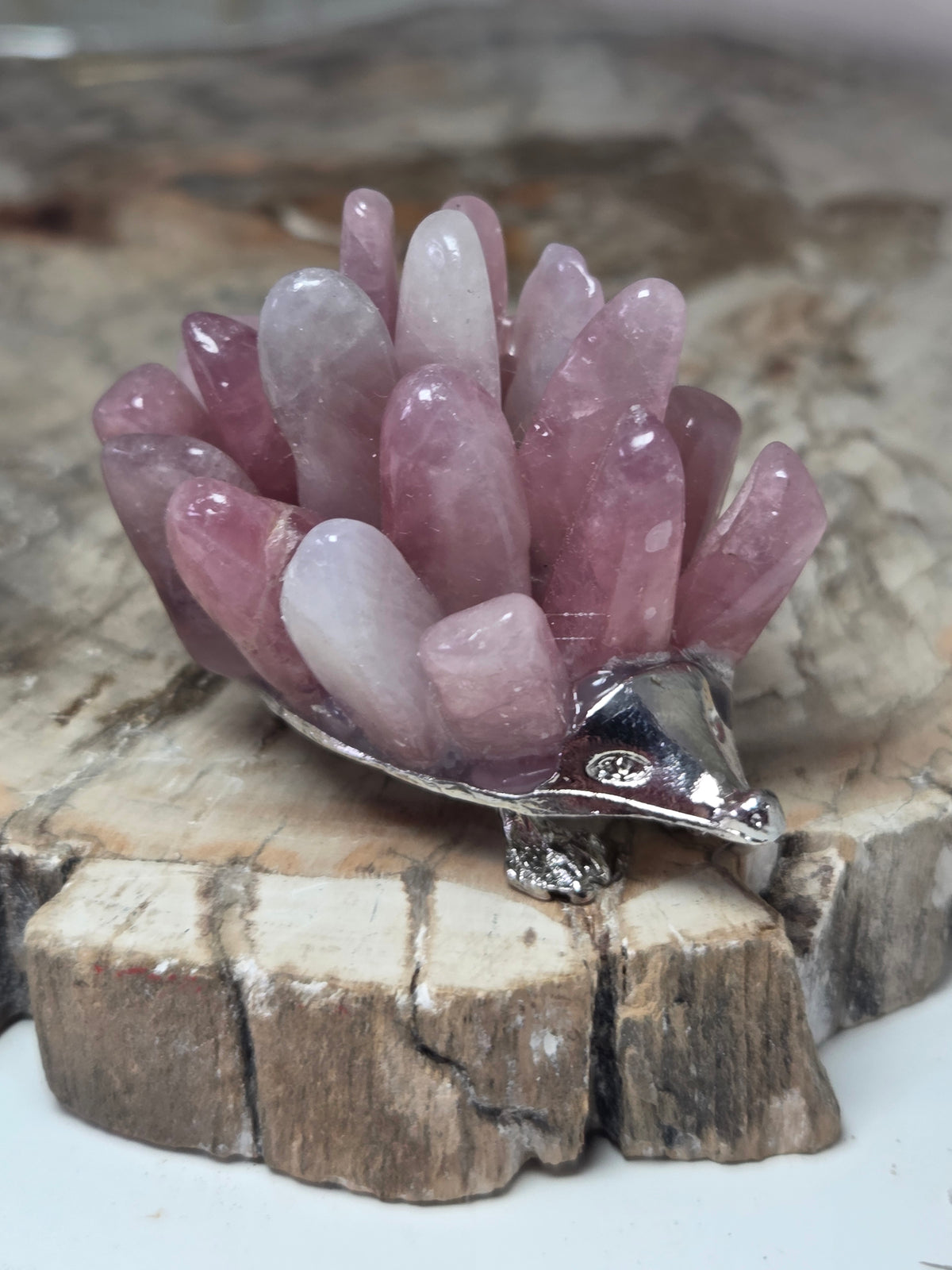 Rose quartz crystal hedgehog carving