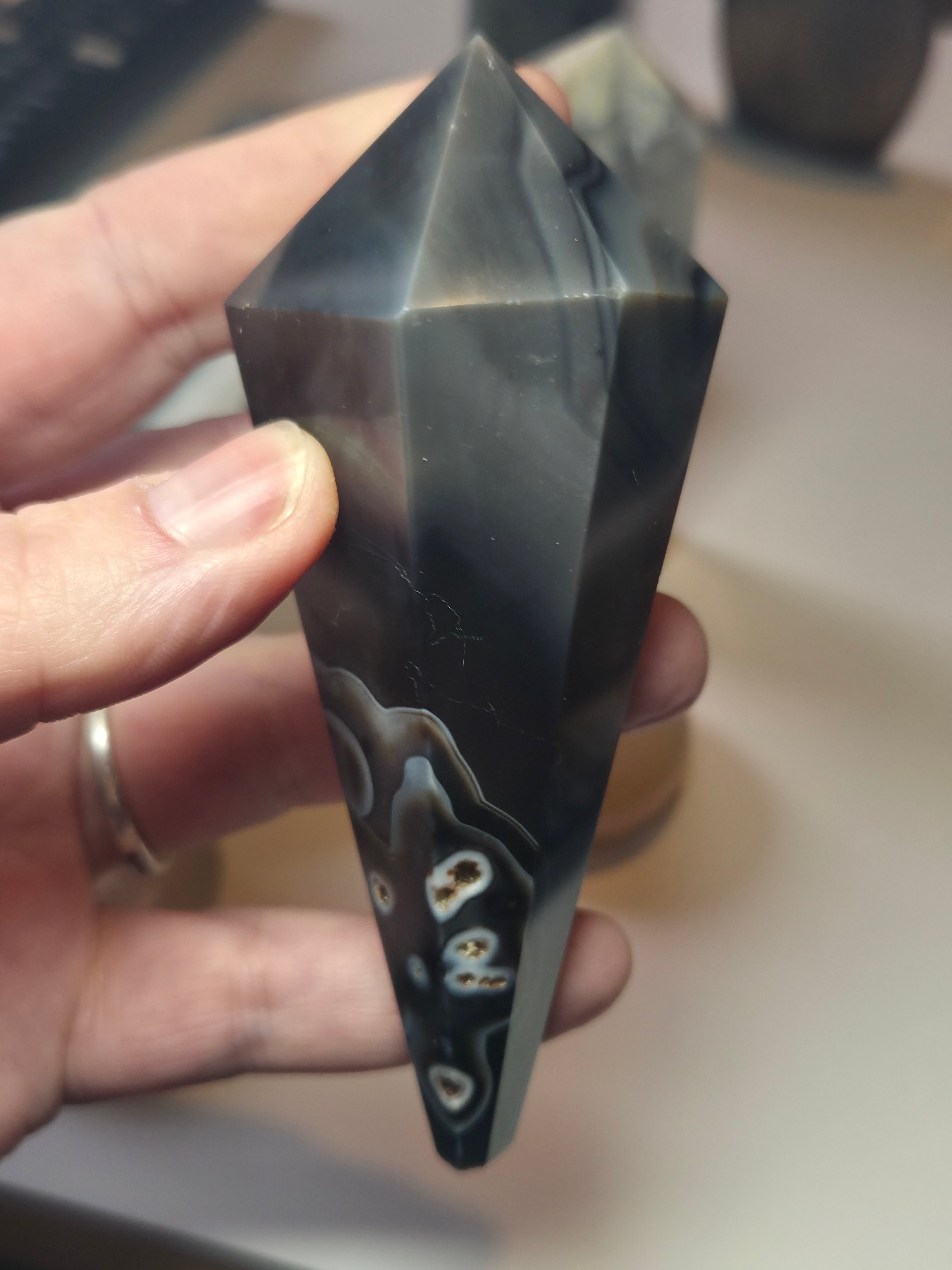 Sardonyx crystal wand with stand may have imperfections