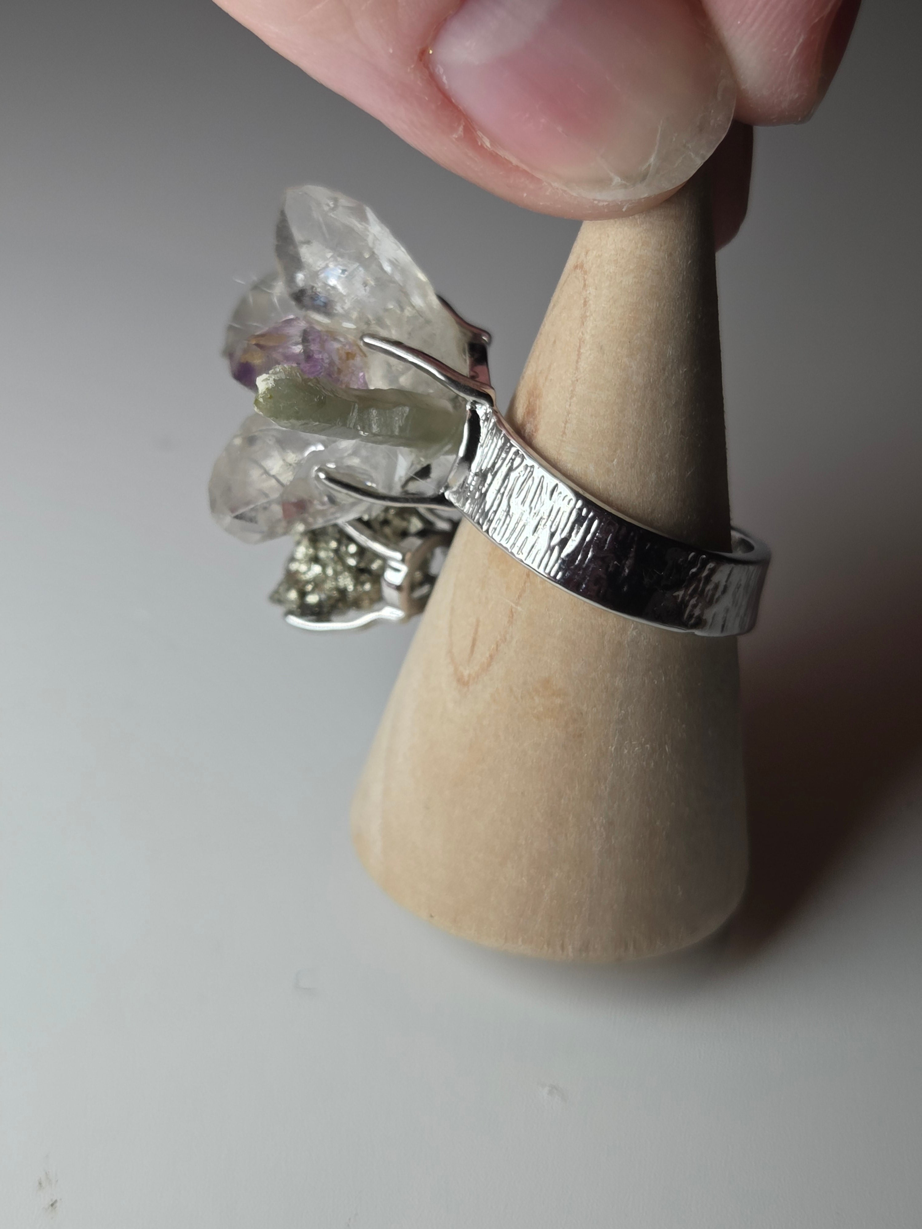 Specimen adjustable ring including super 7, quartz and pyrite