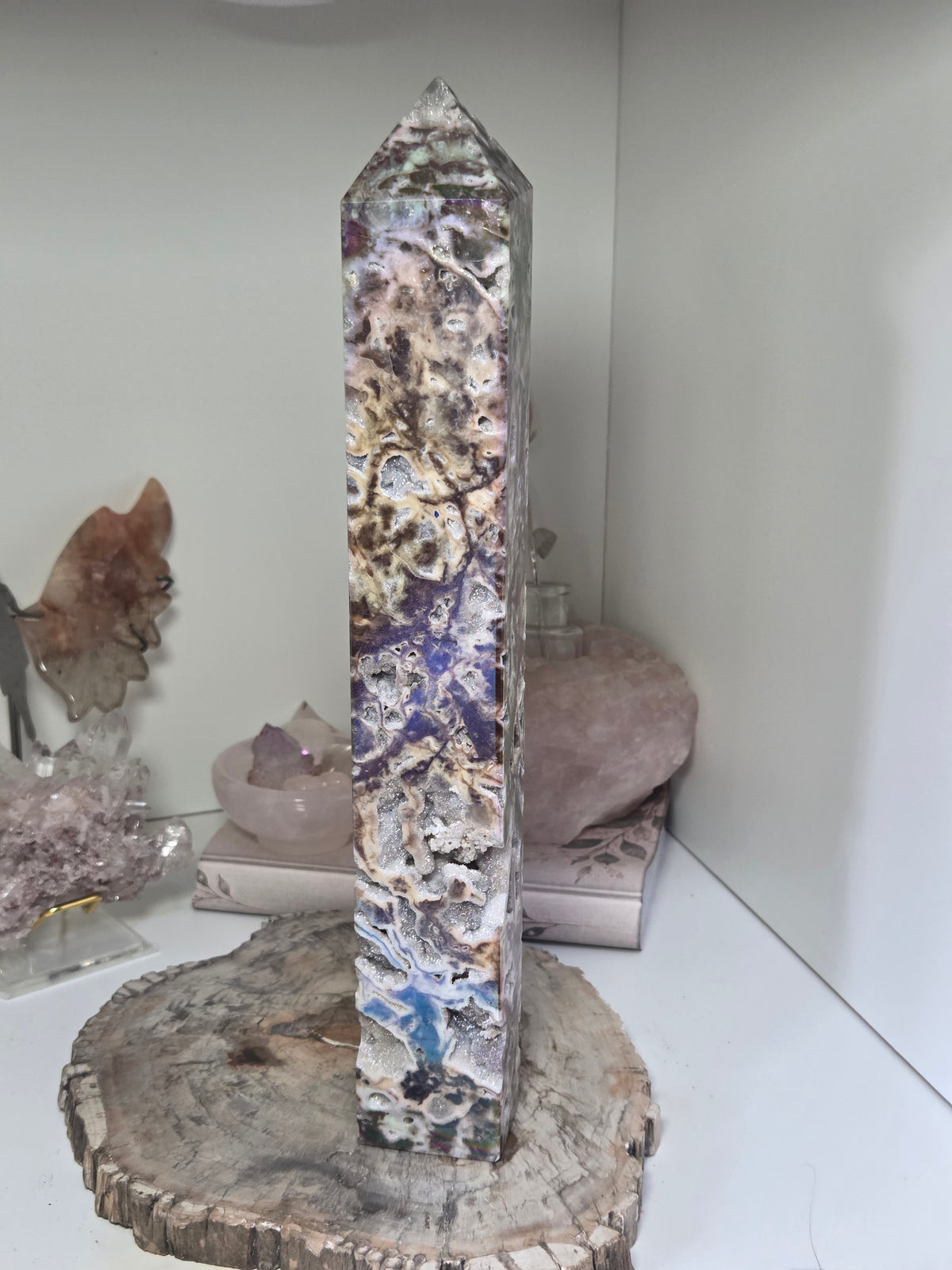 Aura coated Sphelerite crystal tower carving