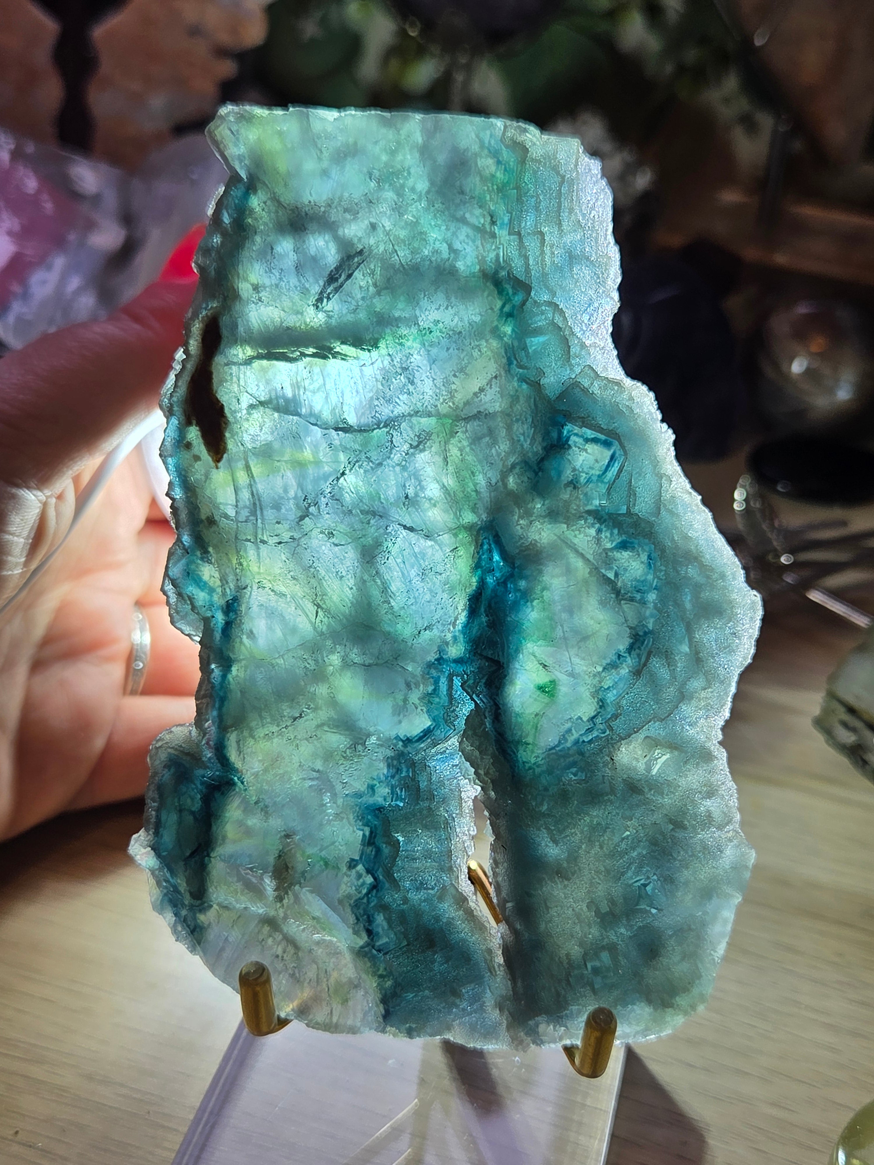 Blue flourite crystal slice with stand red UV reactive and sugar duzy