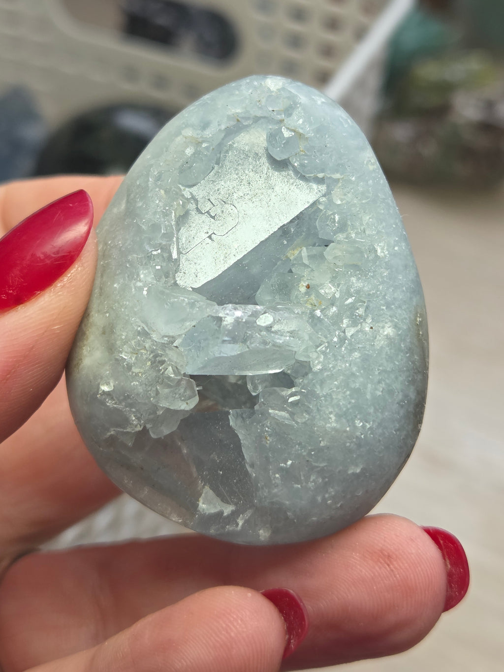 Blue celicite crystal egg carving specimen