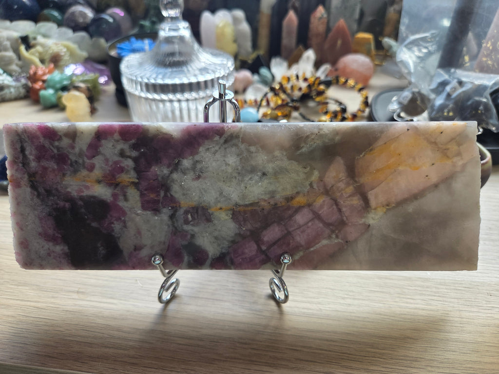 Large Pink Tourmaline crystal slice with silver stand