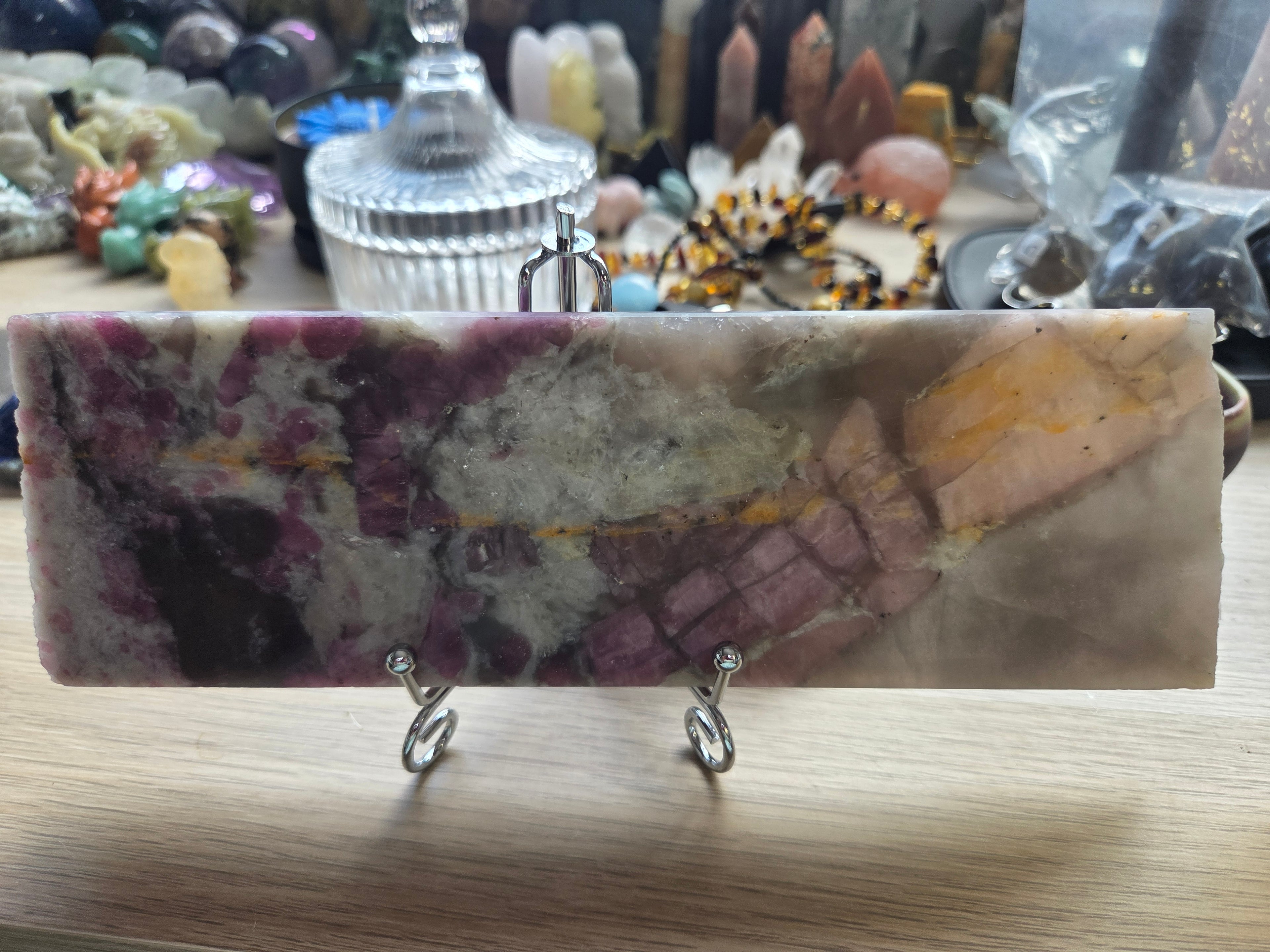 Large Pink Tourmaline crystal slice with silver stand