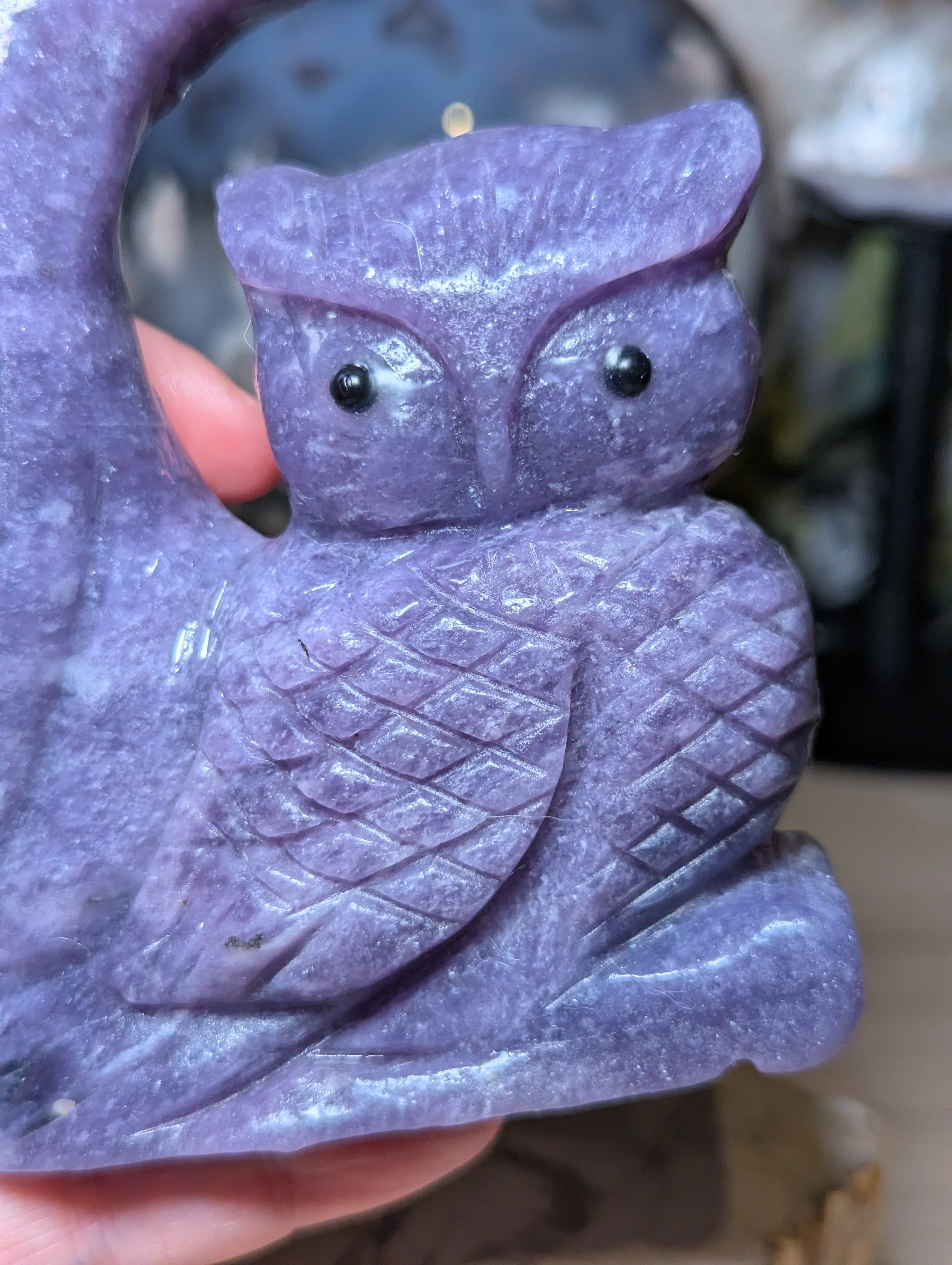 Lepidolite crystal owl with butterfly carving