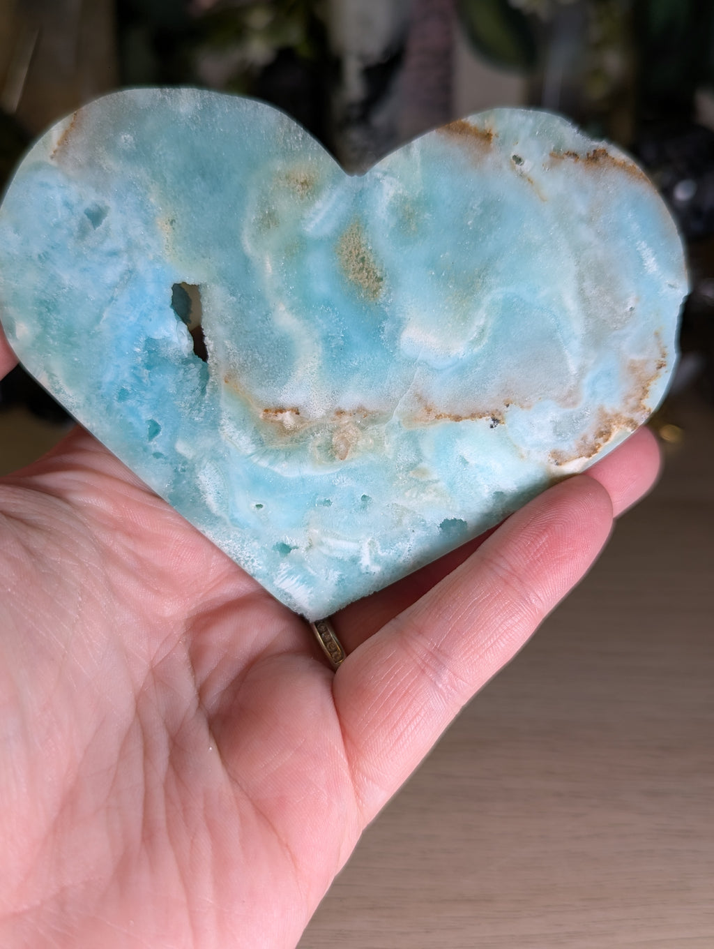 Hemimorphite crystal heart carving with stand
