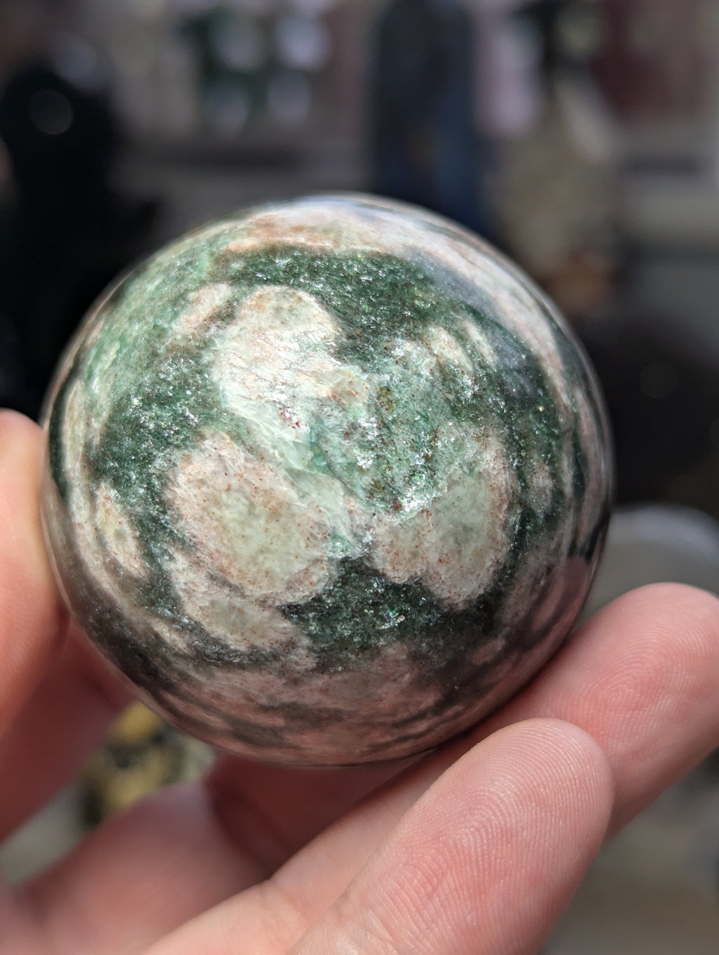 Green mica with plumb blossom tourmaline sphere 5cm