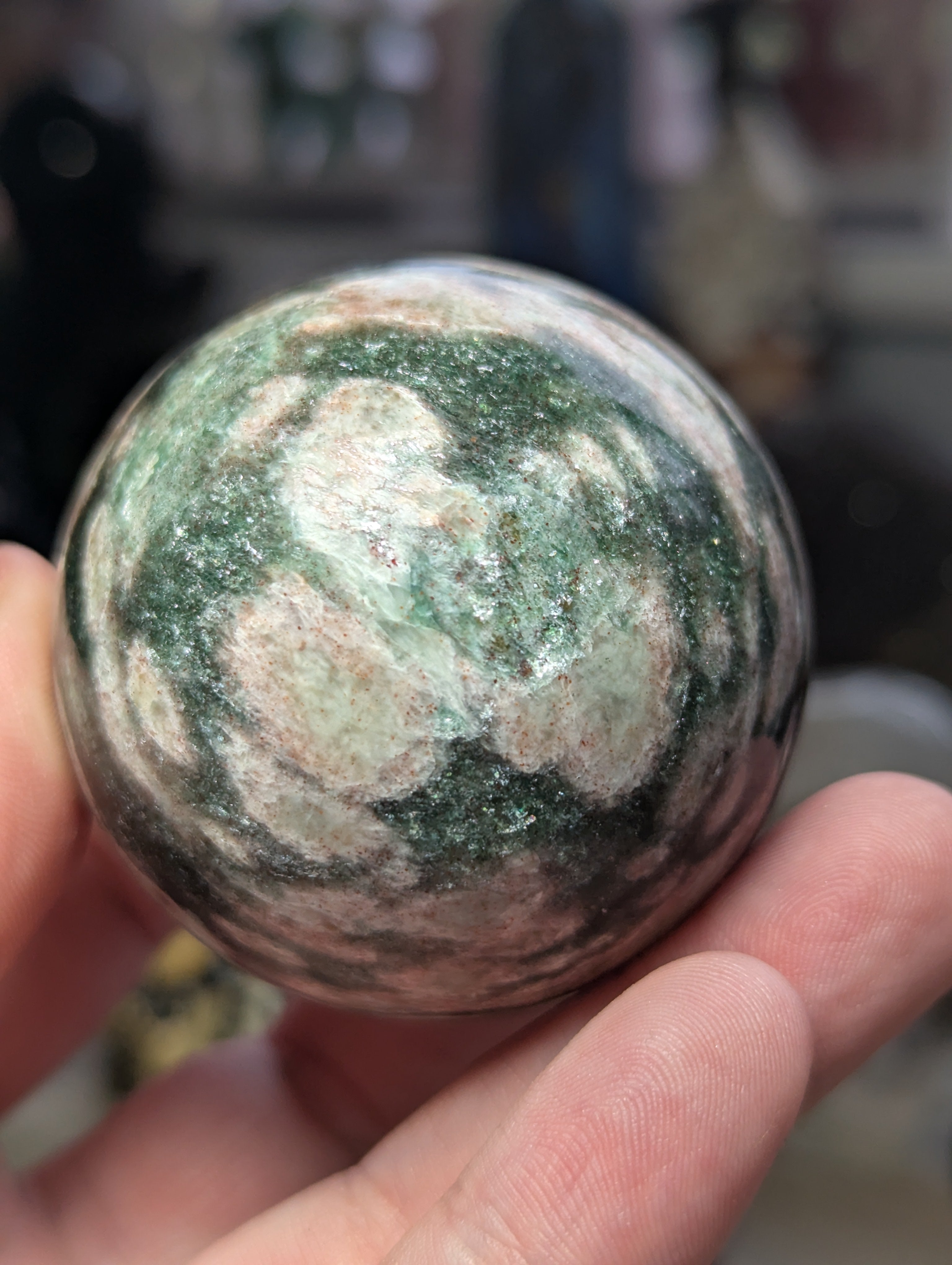 Green mica with plumb blossom tourmaline sphere 5cm