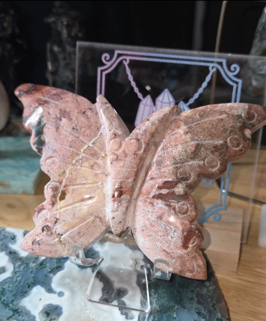 Pink jasper crystal butterfly carving with stand