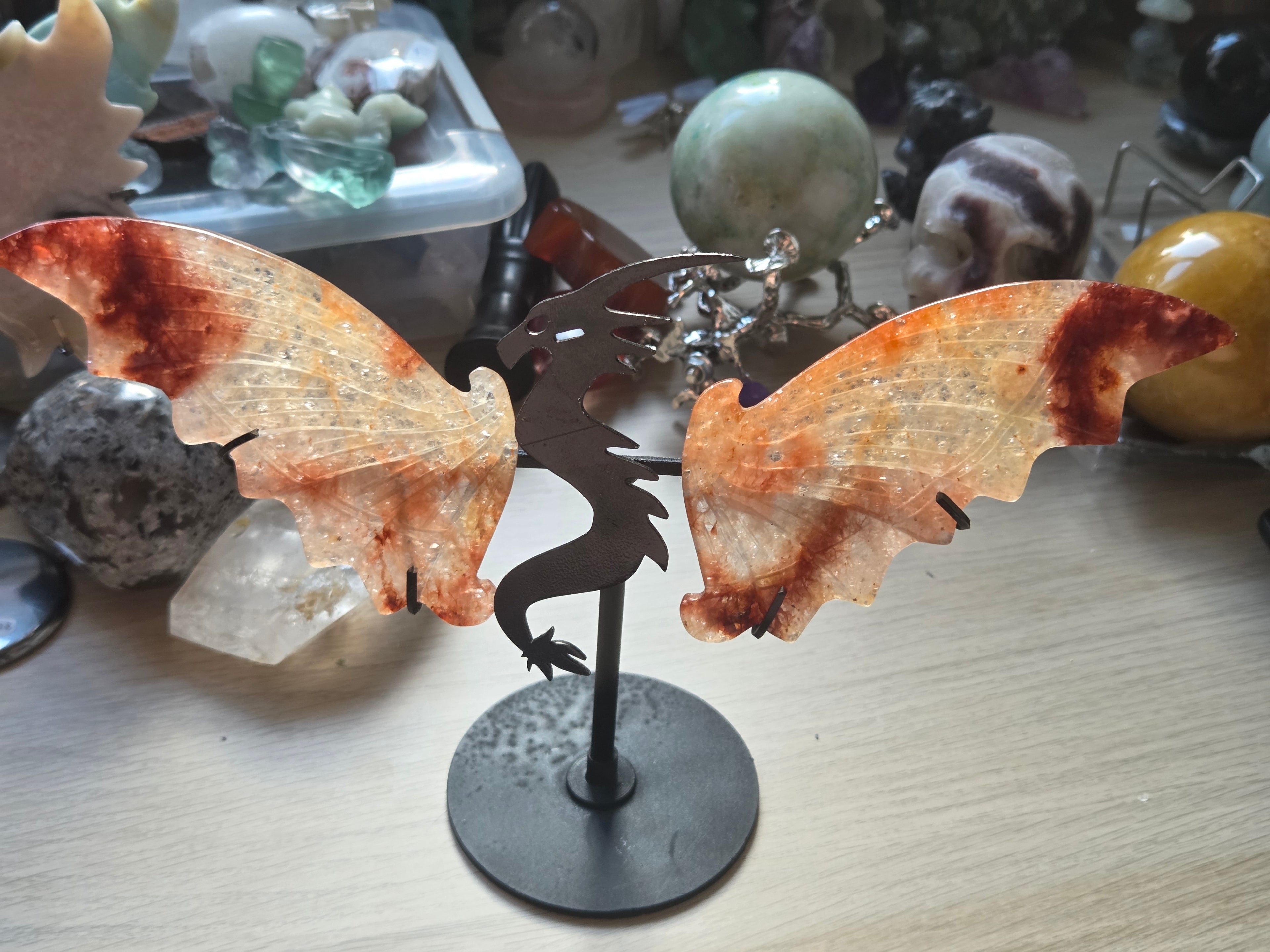 Amazing Fire Quartz crystal dragon wing carving