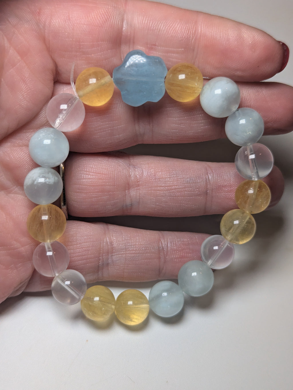 Aquamarine yellow Flourite  and clear quartz  custom bracelet