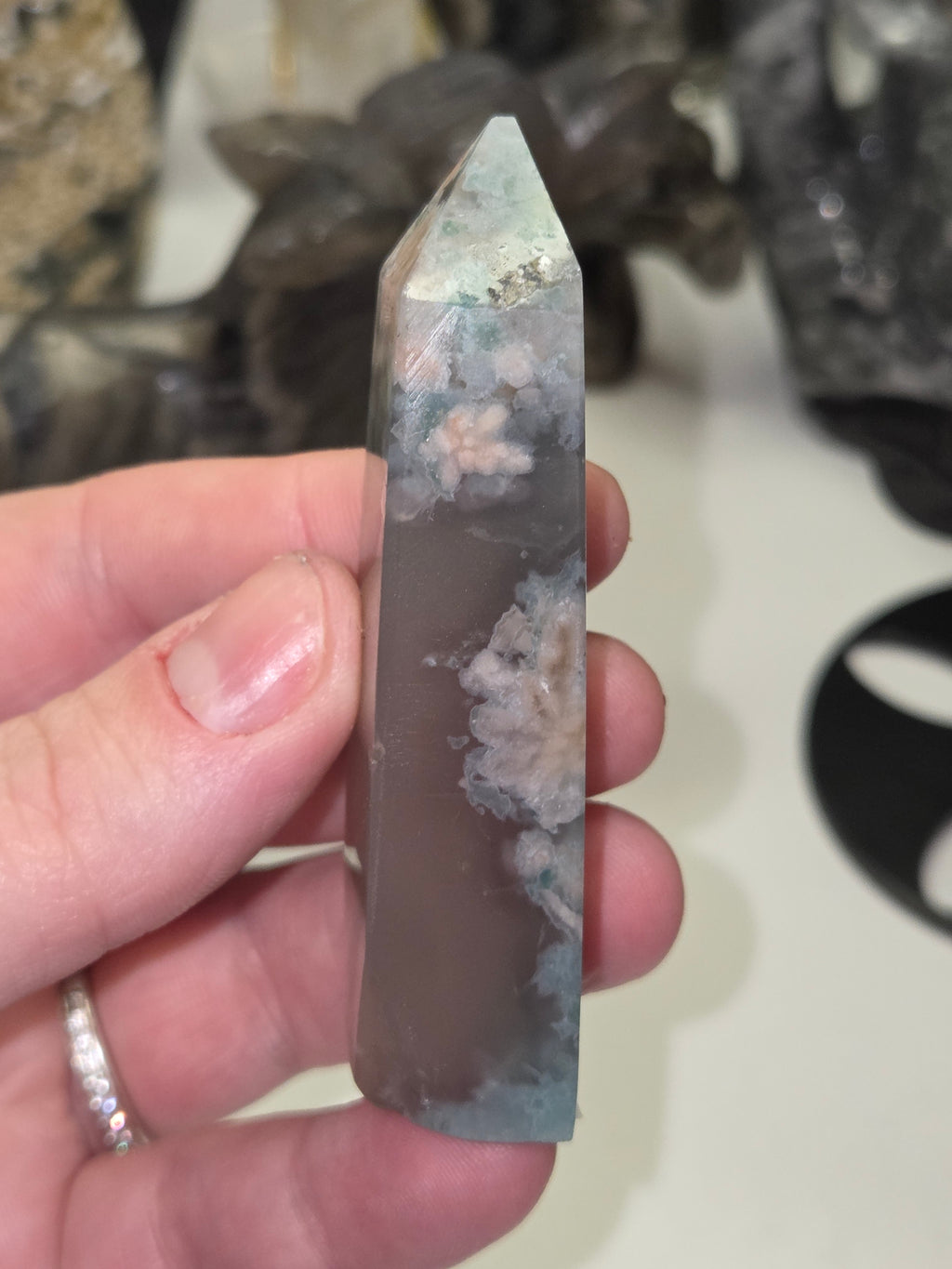 Beautiful blue flower agate crystal tower