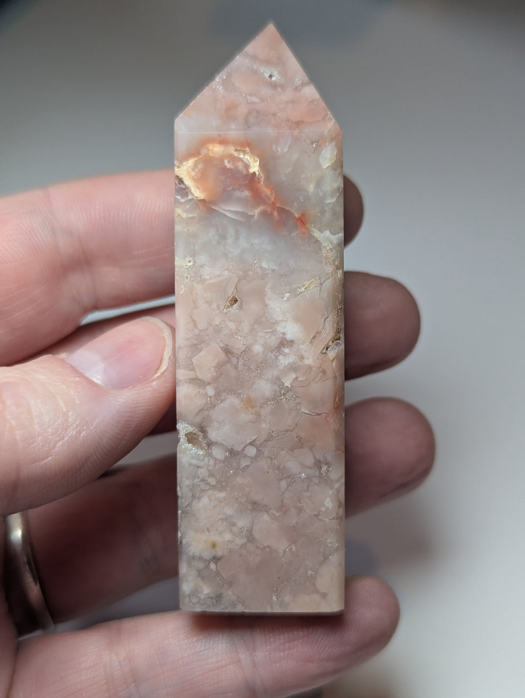 Cotton candy pink agate crystal tower with imperfections