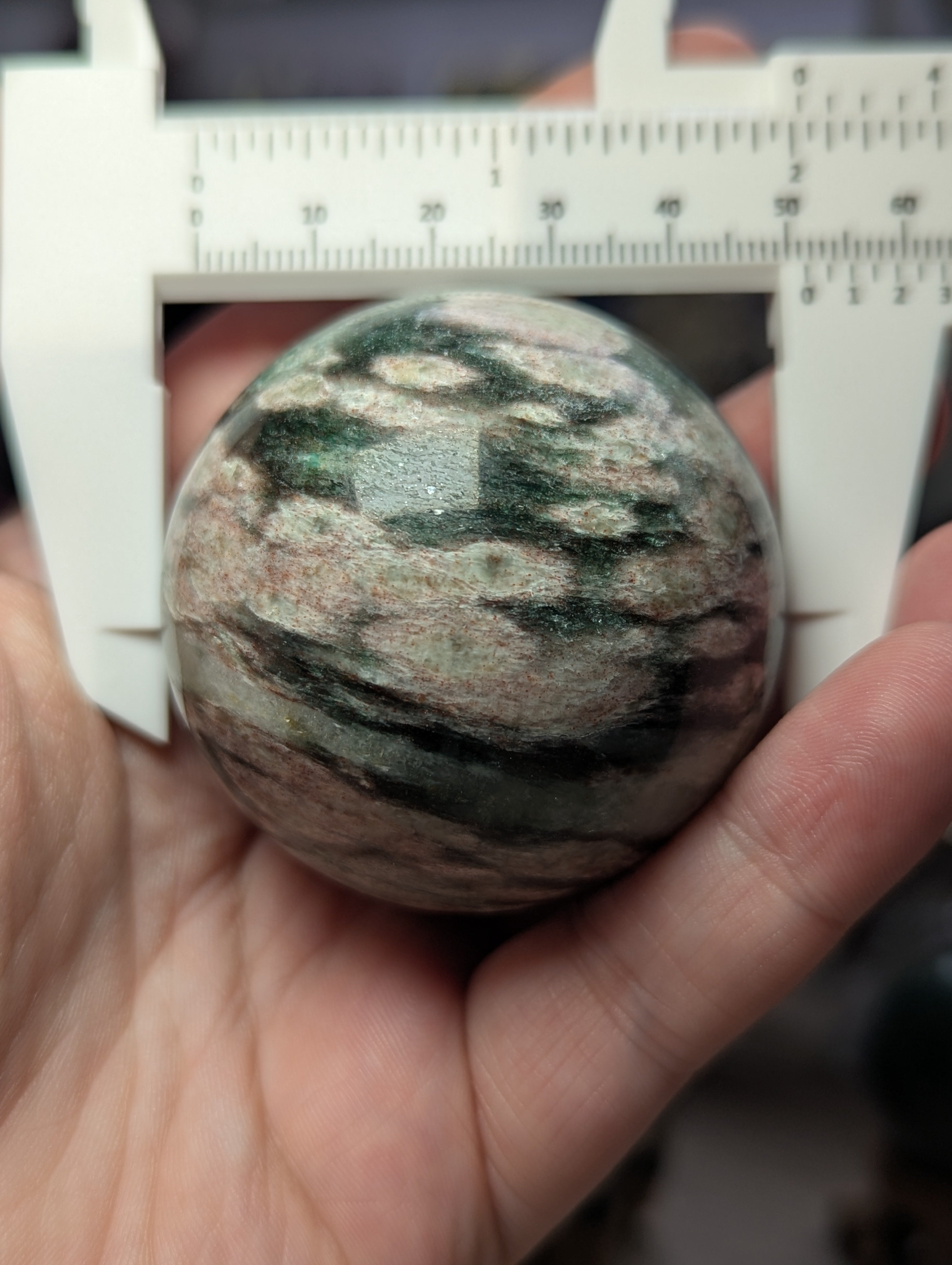 Green mica with plumb blossom tourmaline sphere 5cm