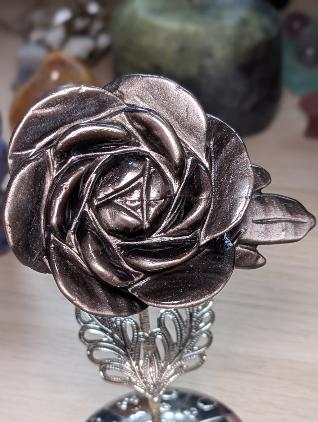 Silver sheen obsidian crystal rose carving with stand