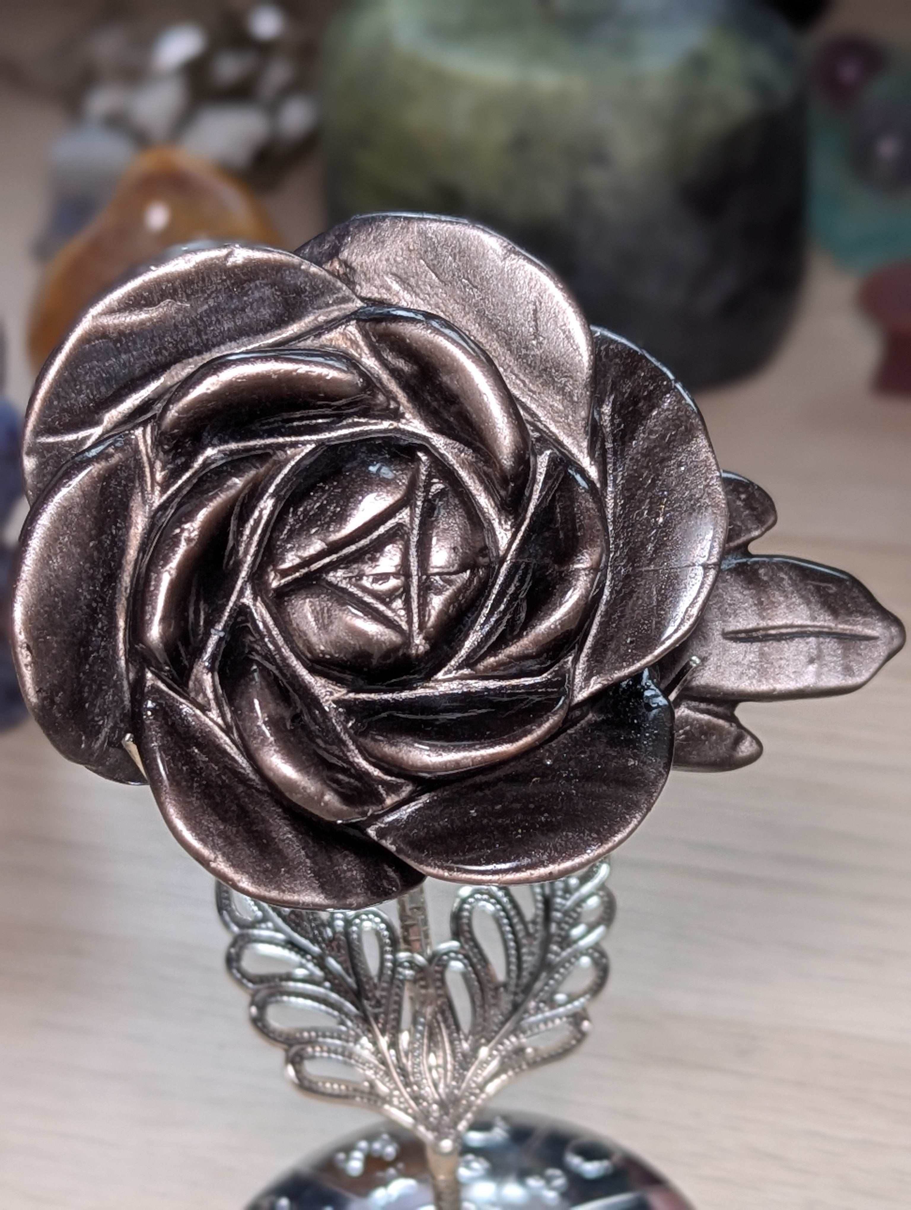 Silver sheen obsidian crystal rose carving with stand