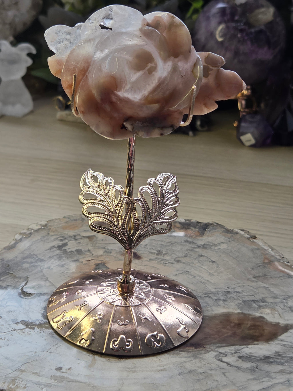 Stunning  Amethyst flower agate crystal rose with Stand