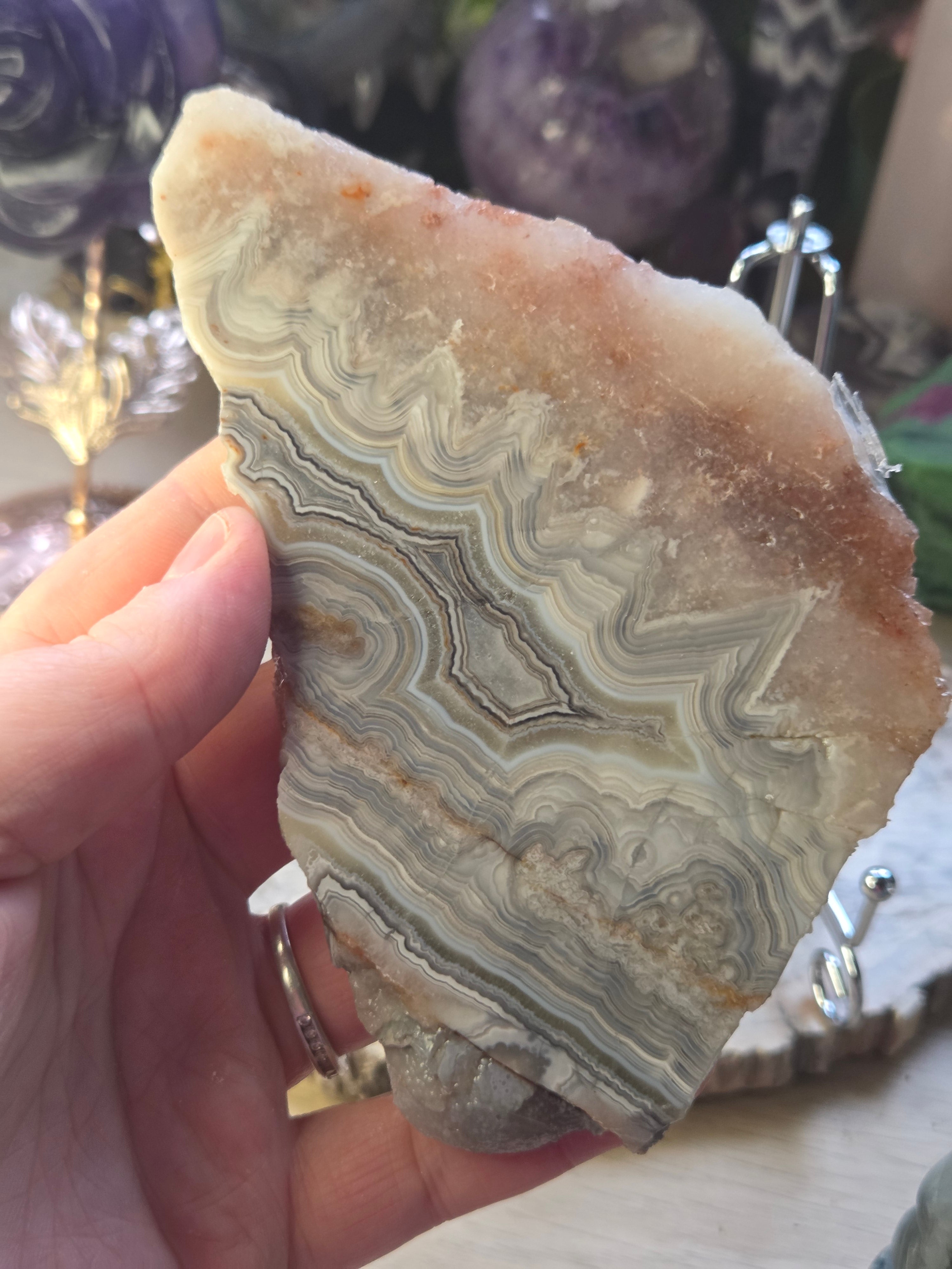 Mexican crazy lace agate with pink amethyst with stand