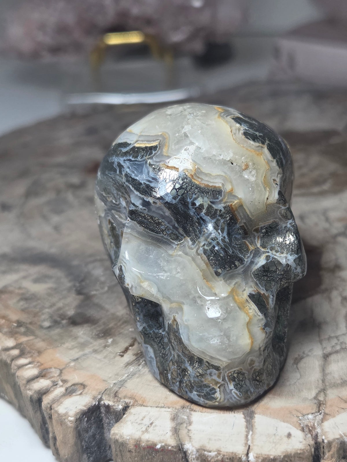 Pyrite agate crystal skull carving