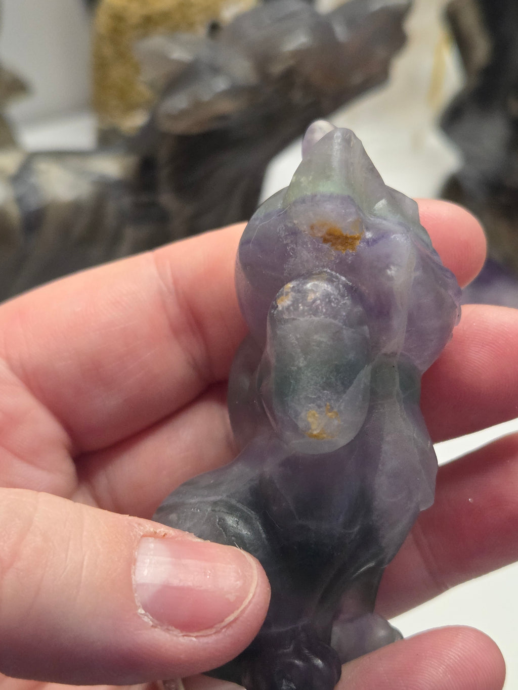 Rainbow flourite crystal Marie Cat carving