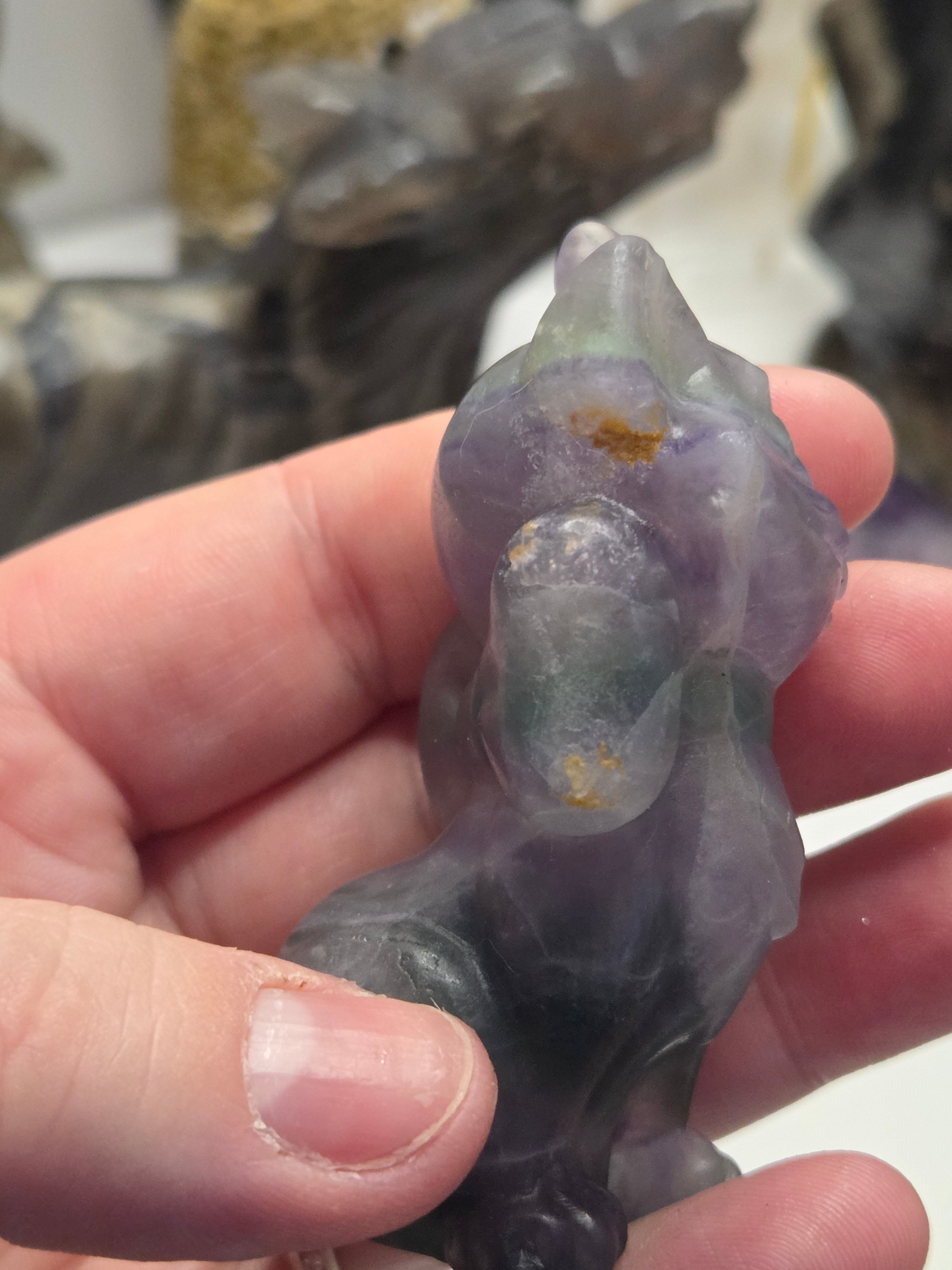 Rainbow flourite crystal Marie Cat carving