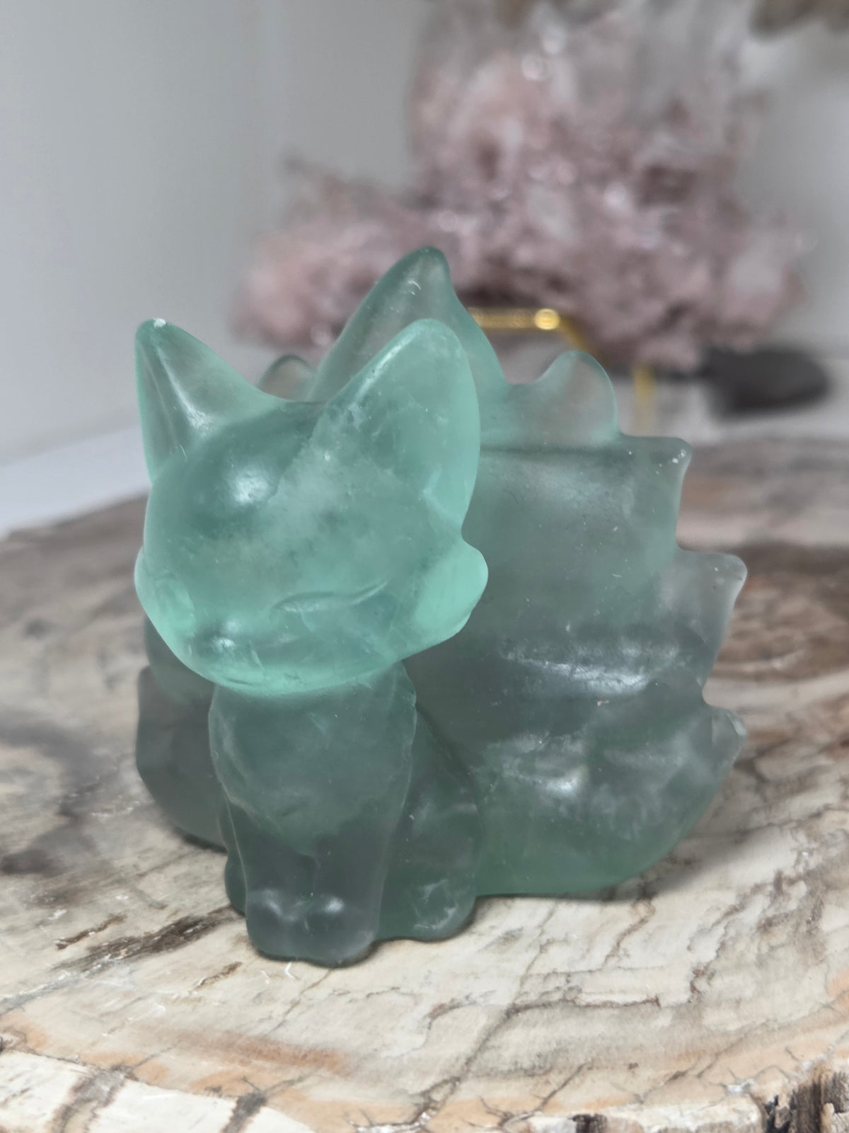 Green Fluorite crystal nine tail fox carving
