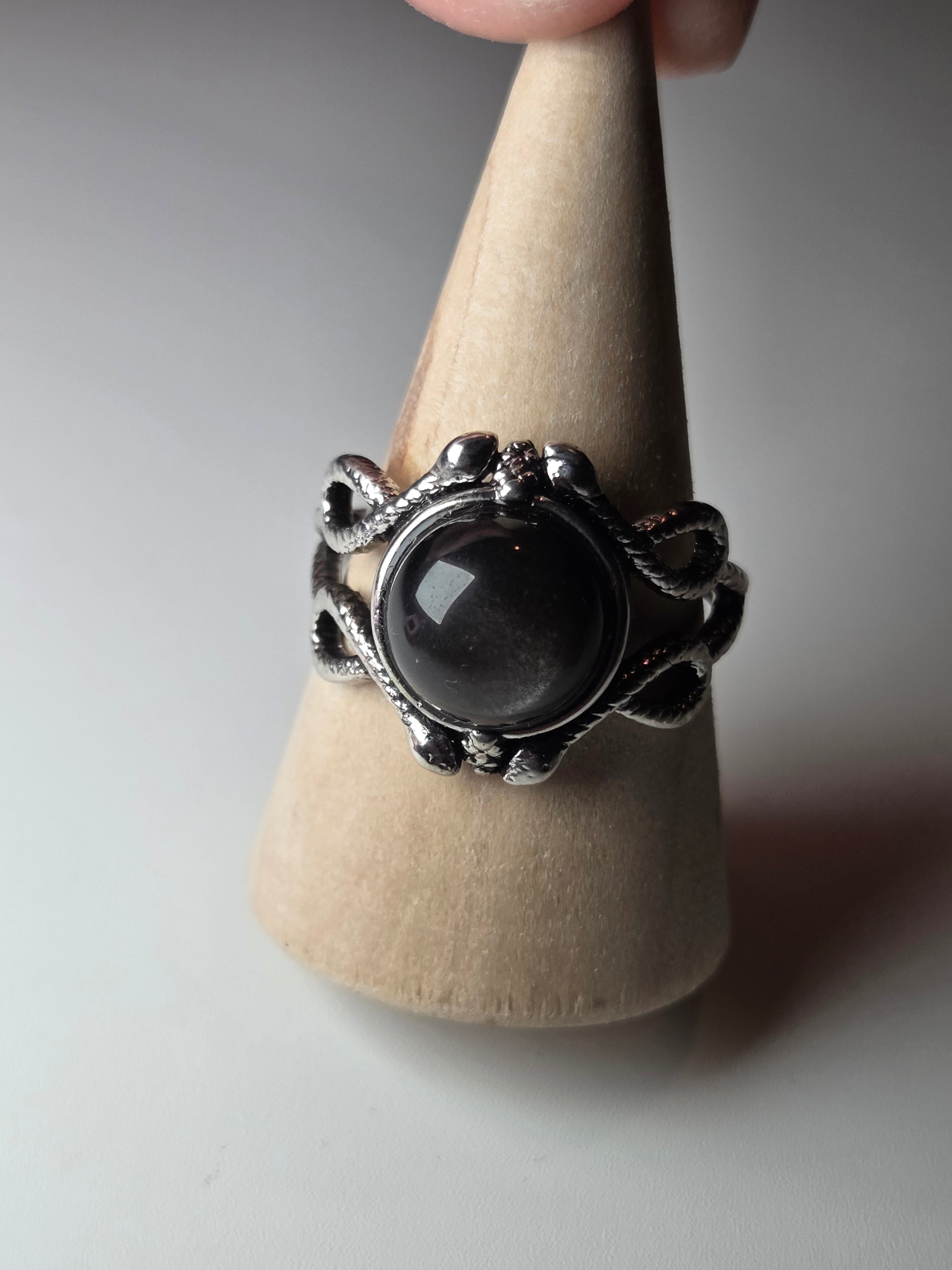 Silver sheen obsidian crystal adjustable ring