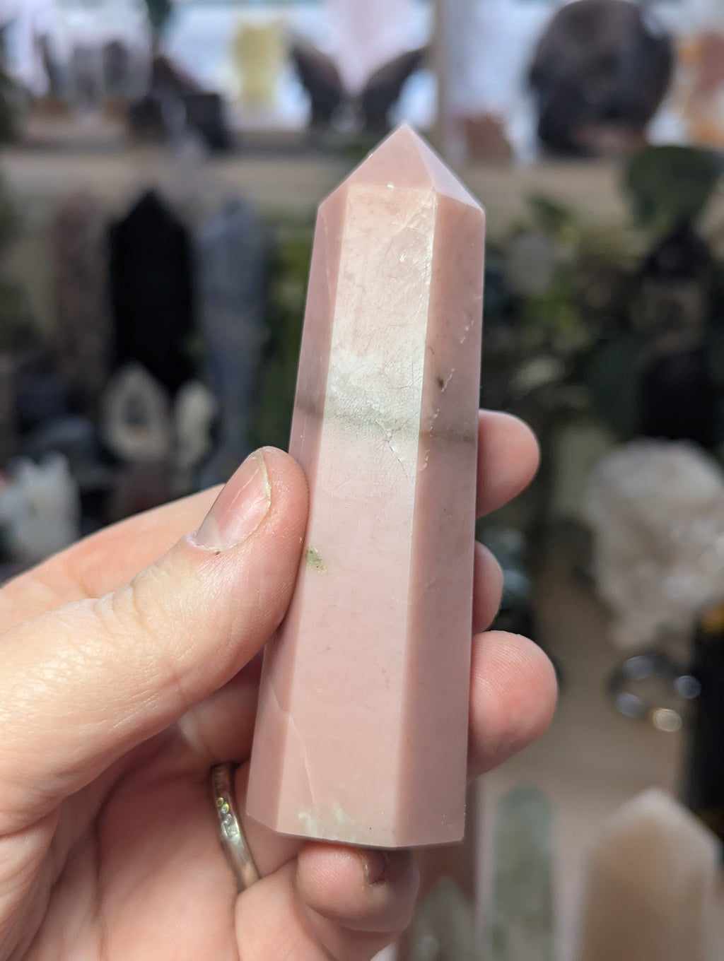 Pink opal crystal tower carving