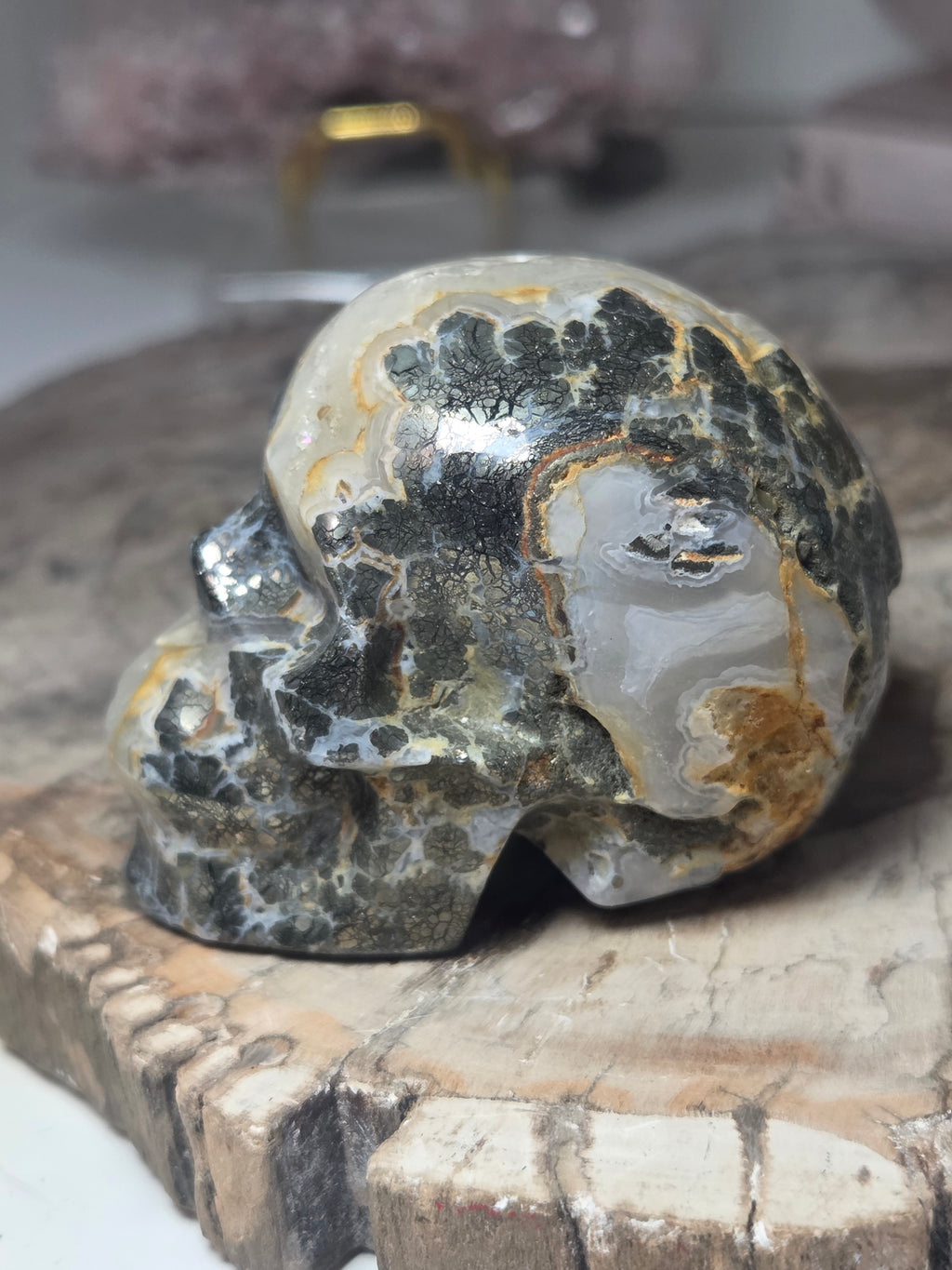 Pyrite agate crystal skull carving