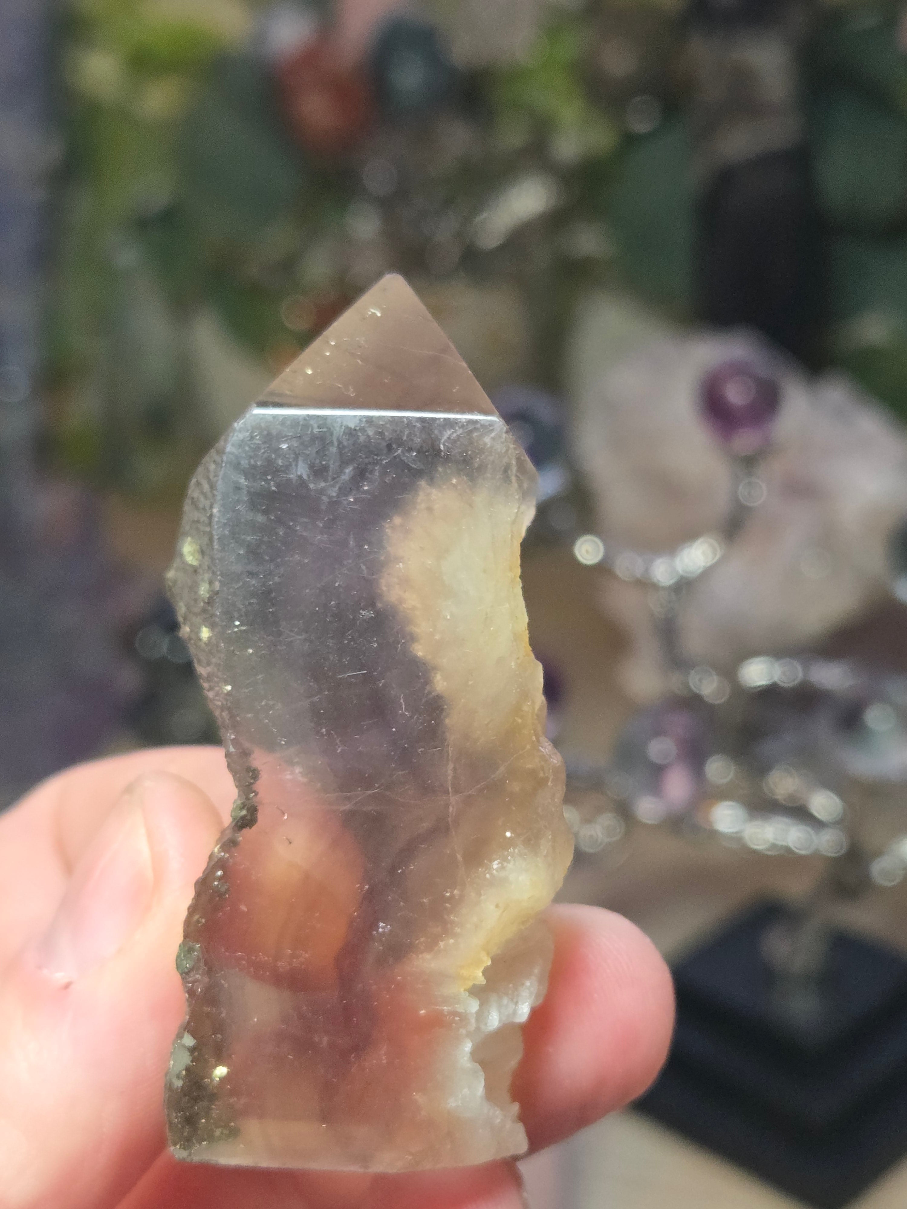 Raw Flourite crystal tower with pyrite