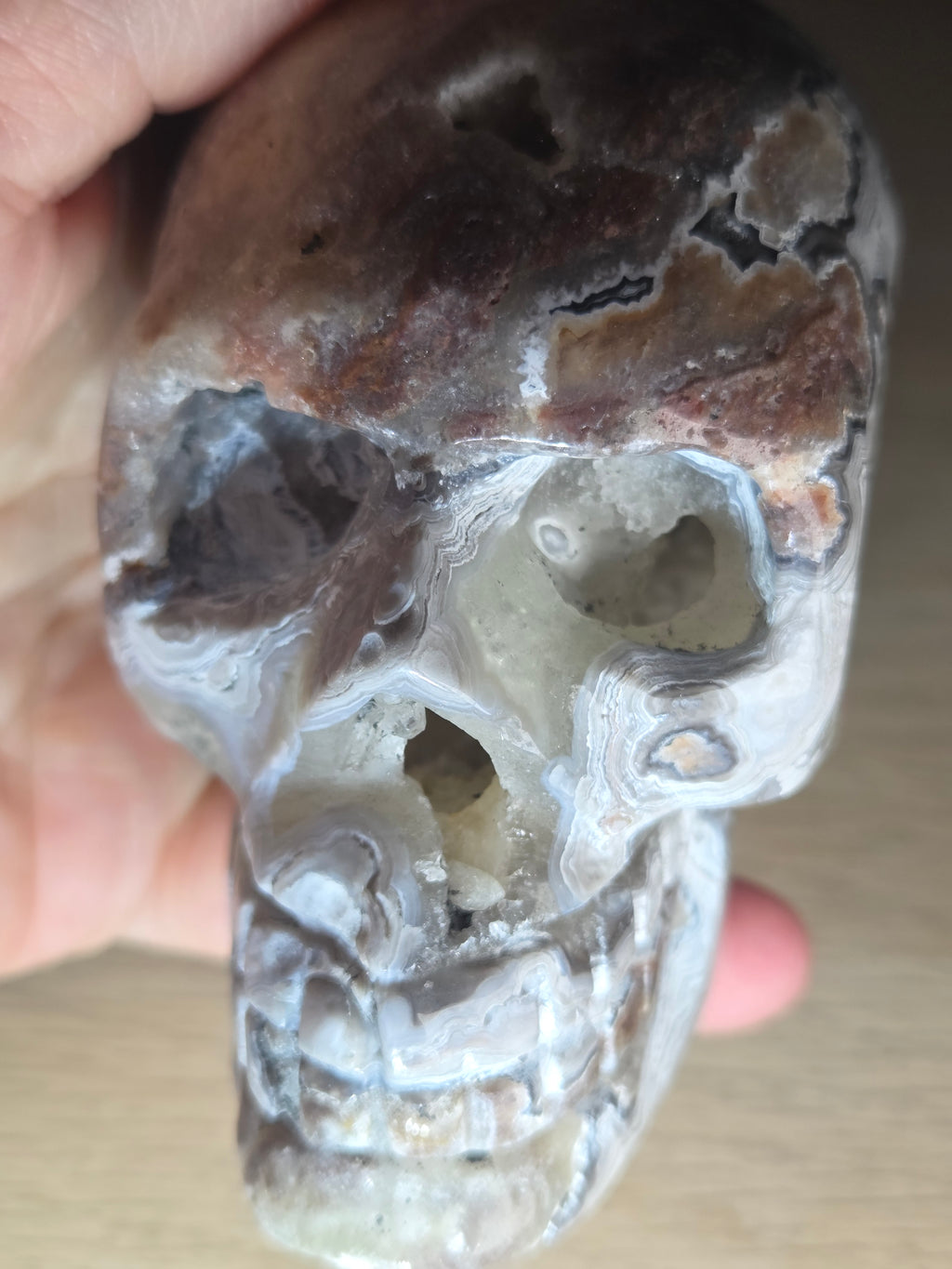 Mexican crazy agate crystal Skull  with open Duzy carving