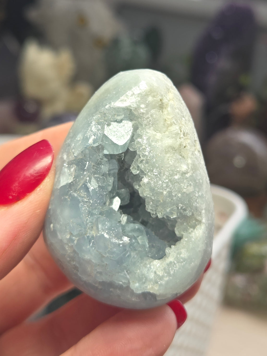 Blue celicite crystal egg carving specimen